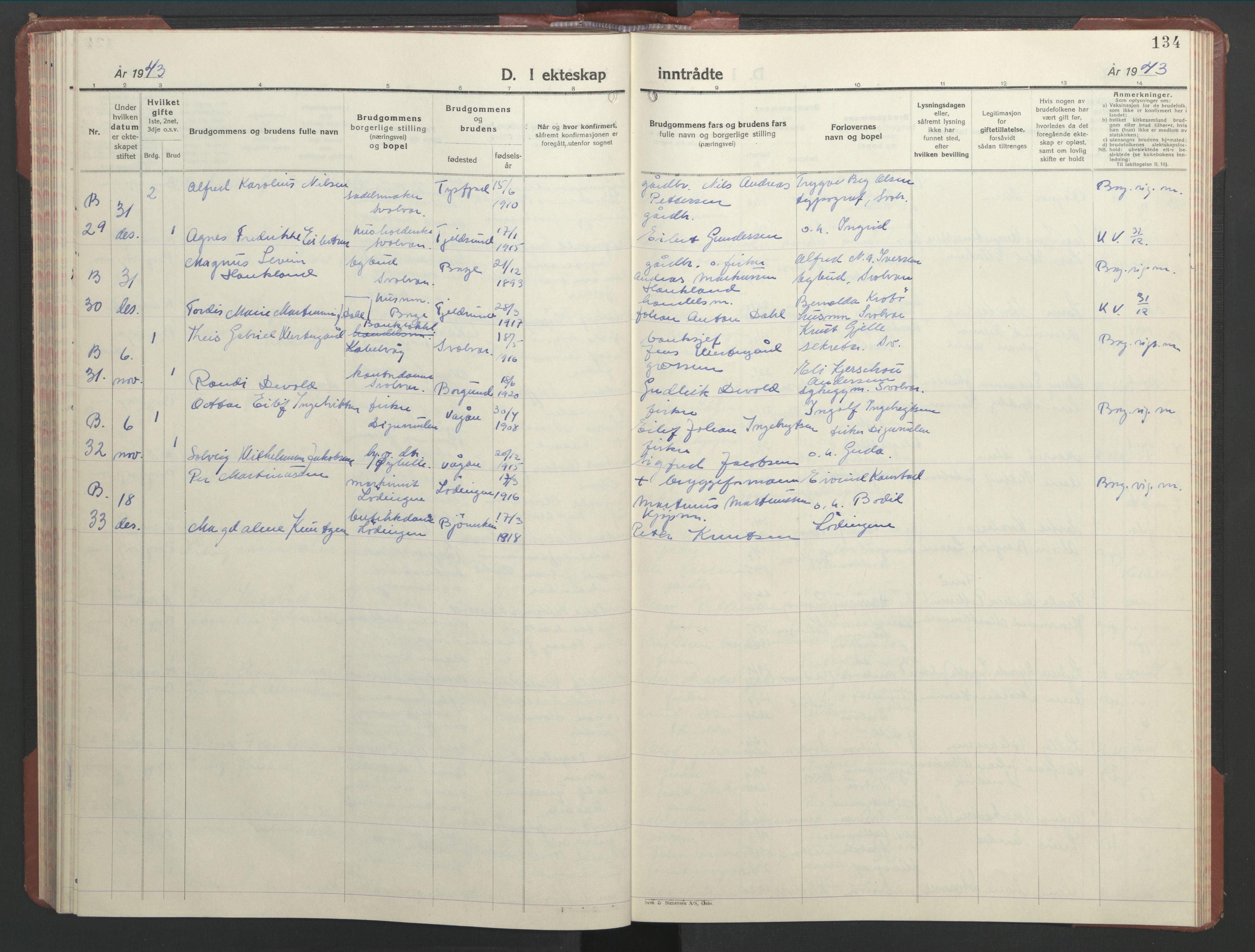 Ministerialprotokoller, klokkerbøker og fødselsregistre - Nordland, AV/SAT-A-1459/877/L1118: Parish register (copy) no. 877C02, 1939-1950, p. 134