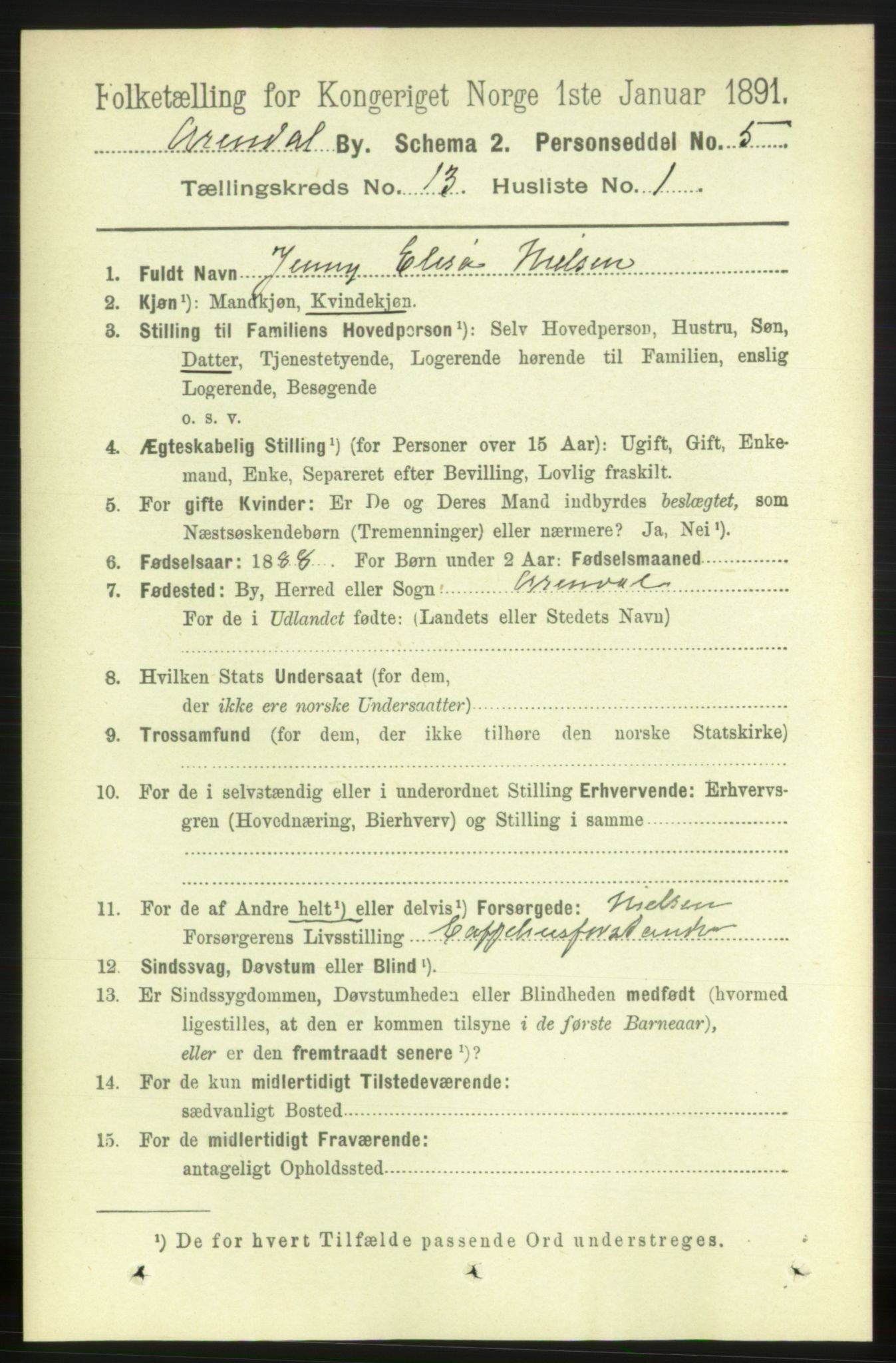 RA, 1891 census for 0903 Arendal, 1891, p. 4370