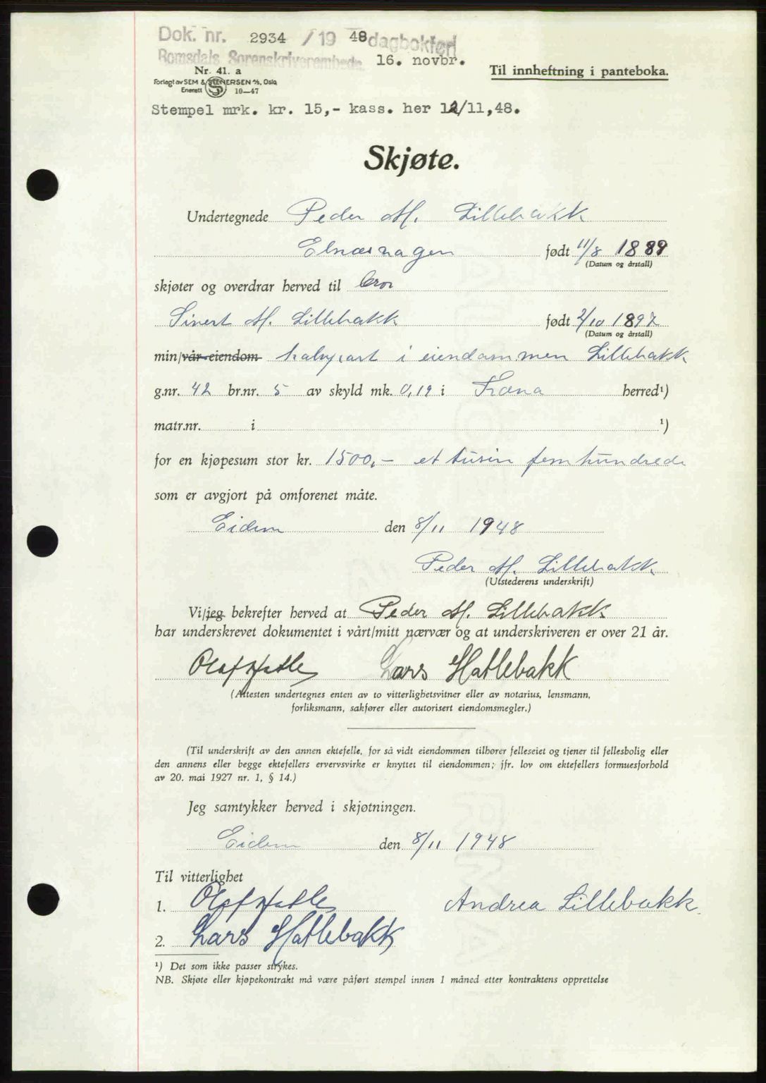 Romsdal sorenskriveri, AV/SAT-A-4149/1/2/2C: Mortgage book no. A27, 1948-1948, Diary no: : 2934/1948