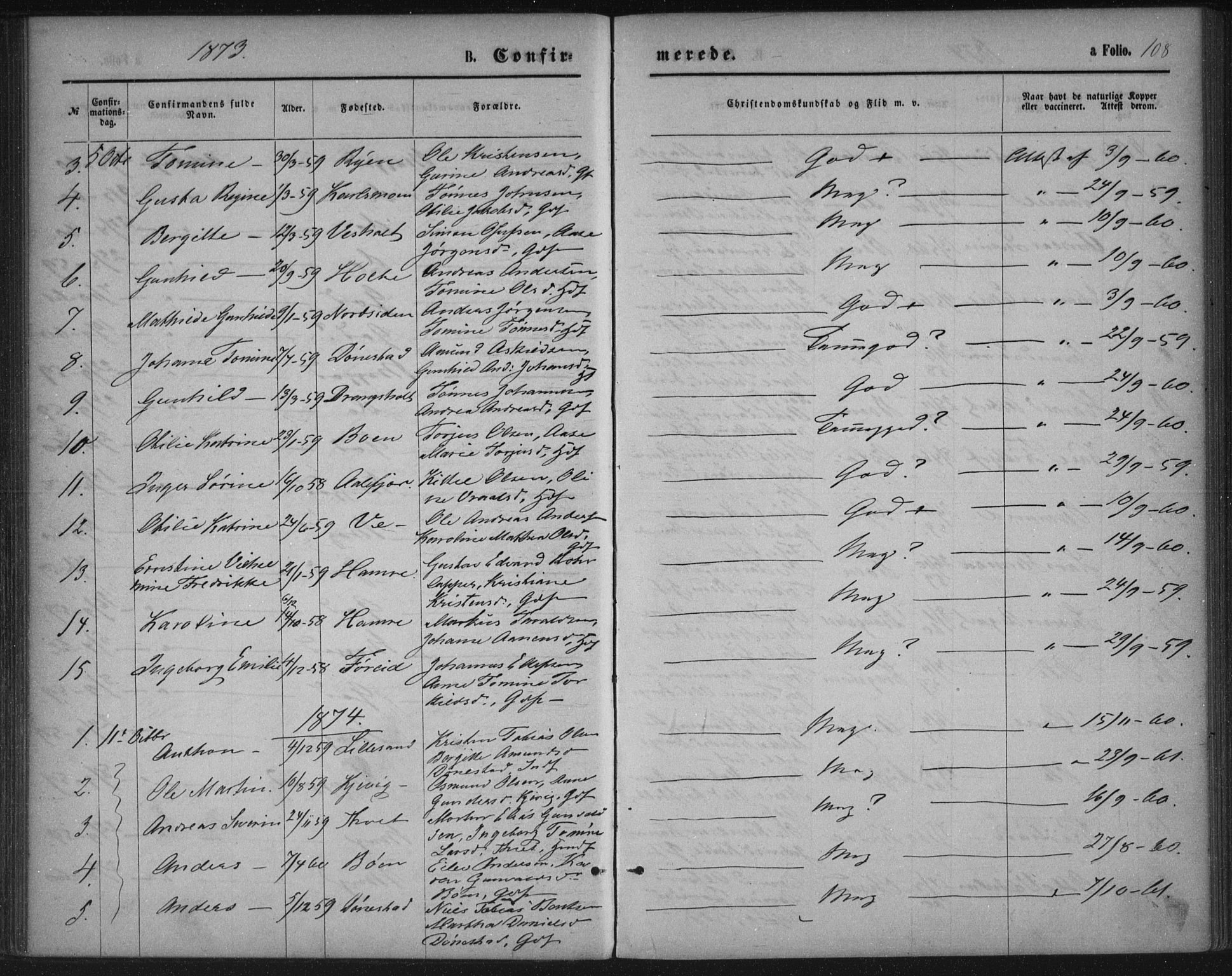 Tveit sokneprestkontor, SAK/1111-0043/F/Fa/L0006: Parish register (official) no. A 6, 1872-1886, p. 108