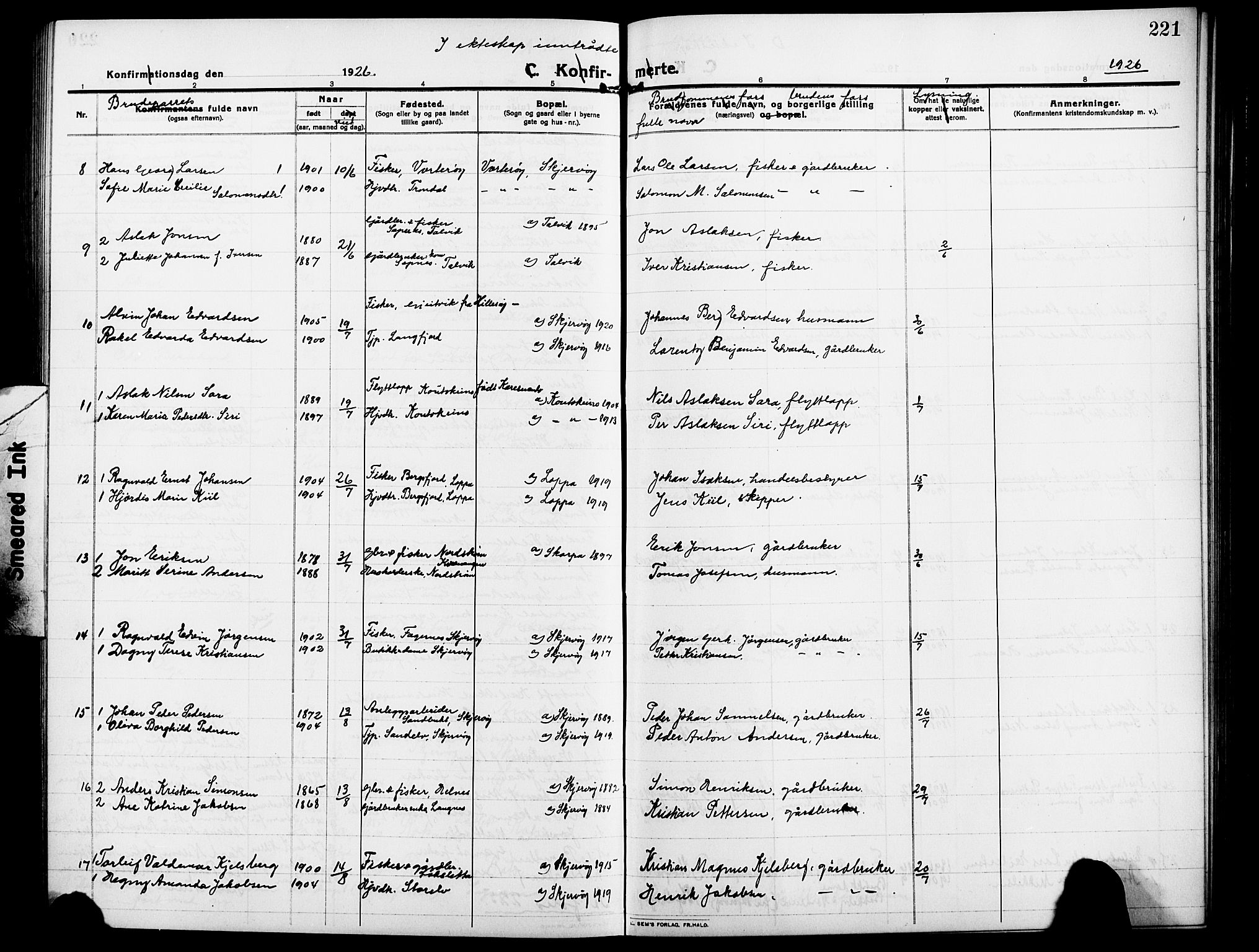 Skjervøy sokneprestkontor, SATØ/S-1300/H/Ha/Hab/L0009klokker: Parish register (copy) no. 9, 1911-1926, p. 221