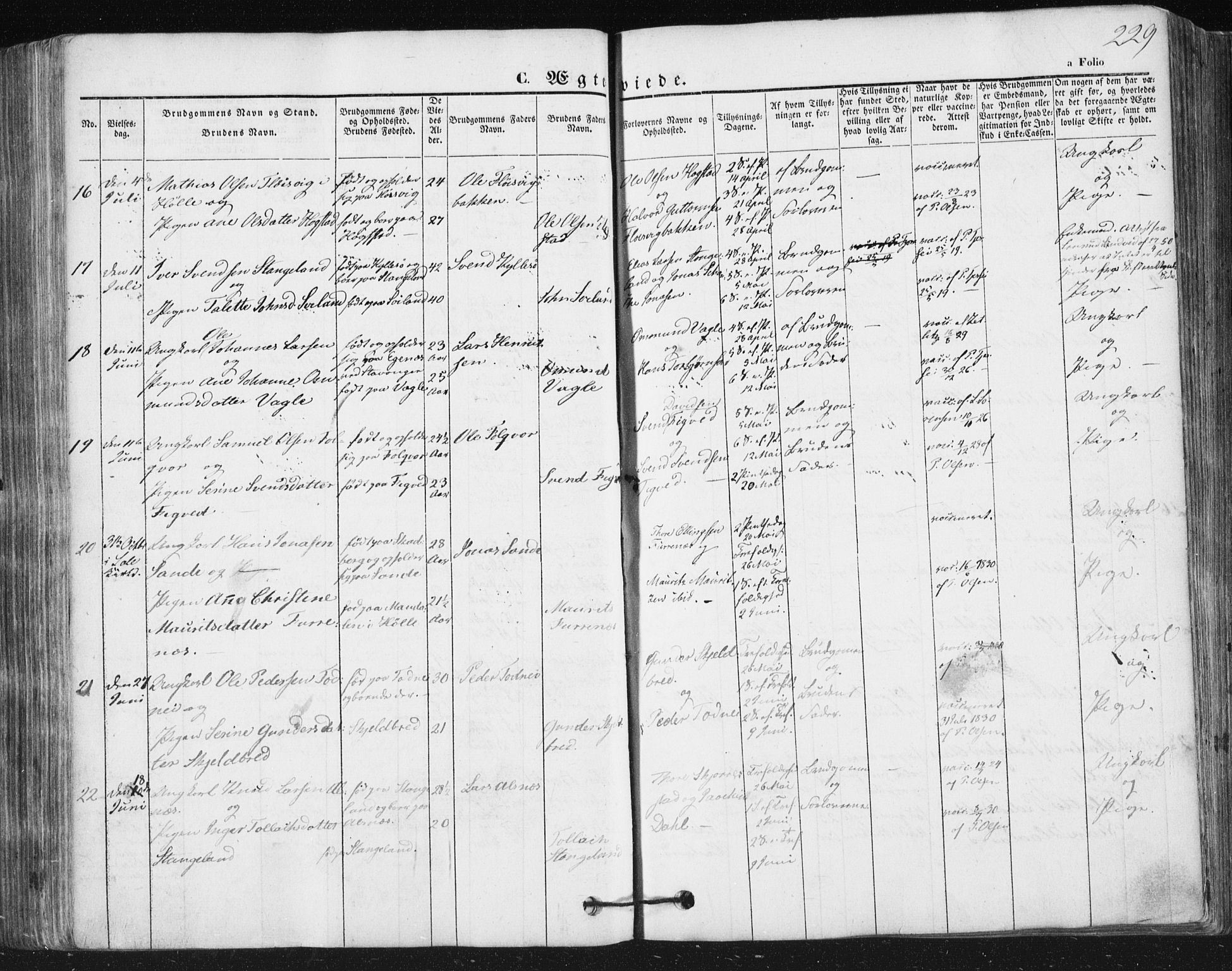 Høyland sokneprestkontor, AV/SAST-A-101799/001/30BA/L0008: Parish register (official) no. A 8, 1841-1856, p. 229