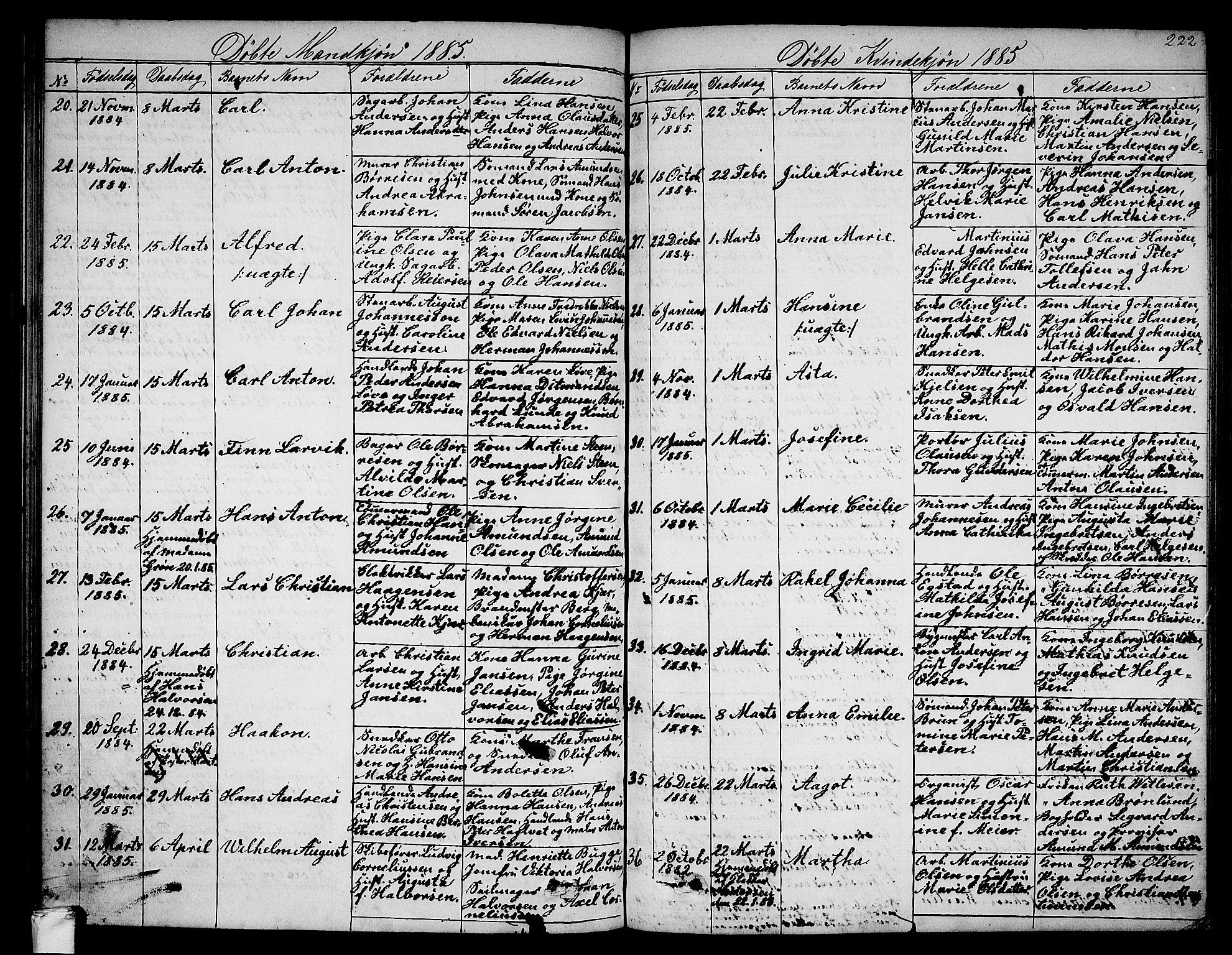 Larvik kirkebøker, AV/SAKO-A-352/G/Ga/L0004: Parish register (copy) no. I 4, 1871-1888, p. 222