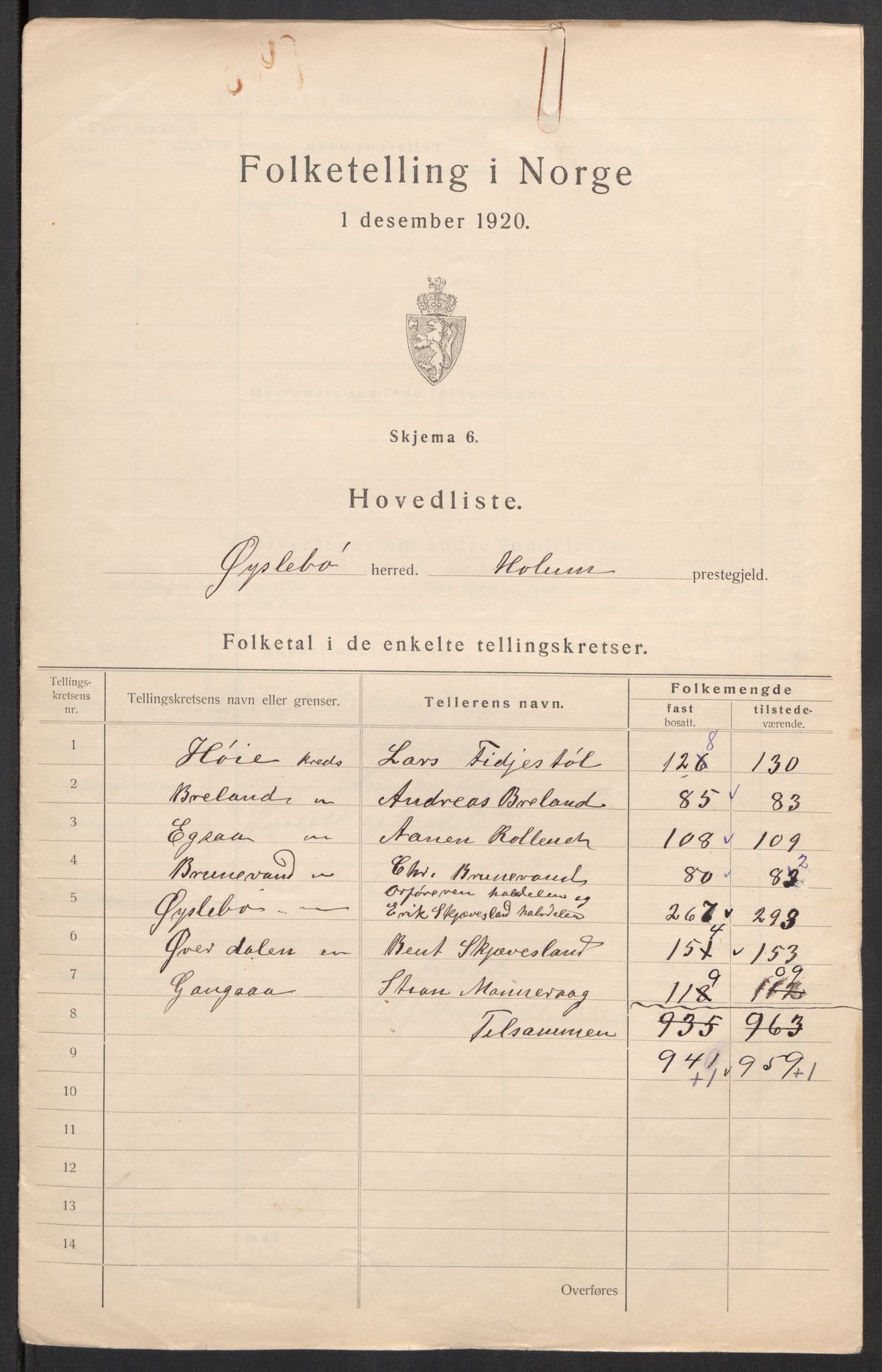 SAK, 1920 census for Øyslebø, 1920, p. 8