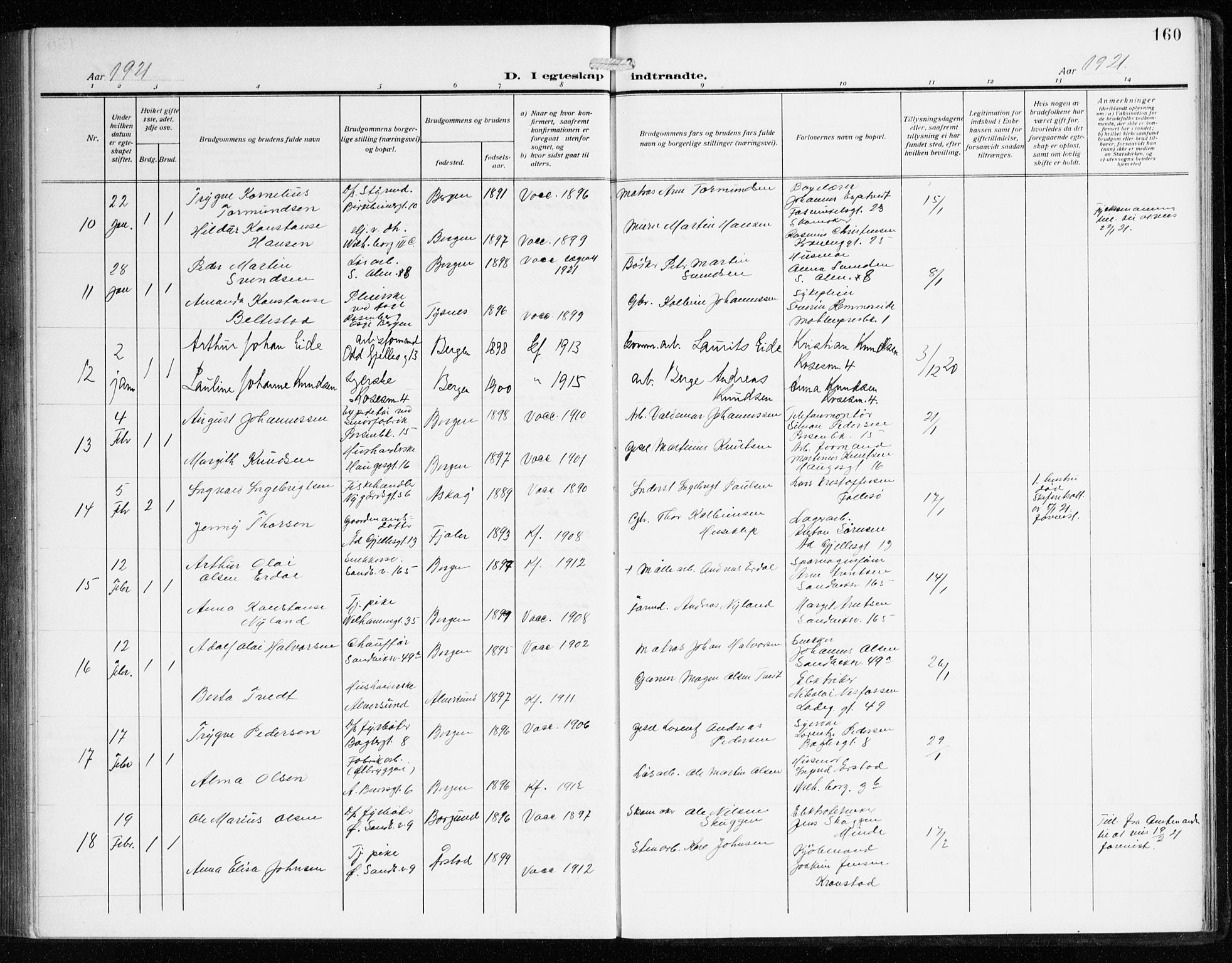 Sandviken Sokneprestembete, SAB/A-77601/H/Ha/L0015: Parish register (official) no. D 2, 1911-1923, p. 160