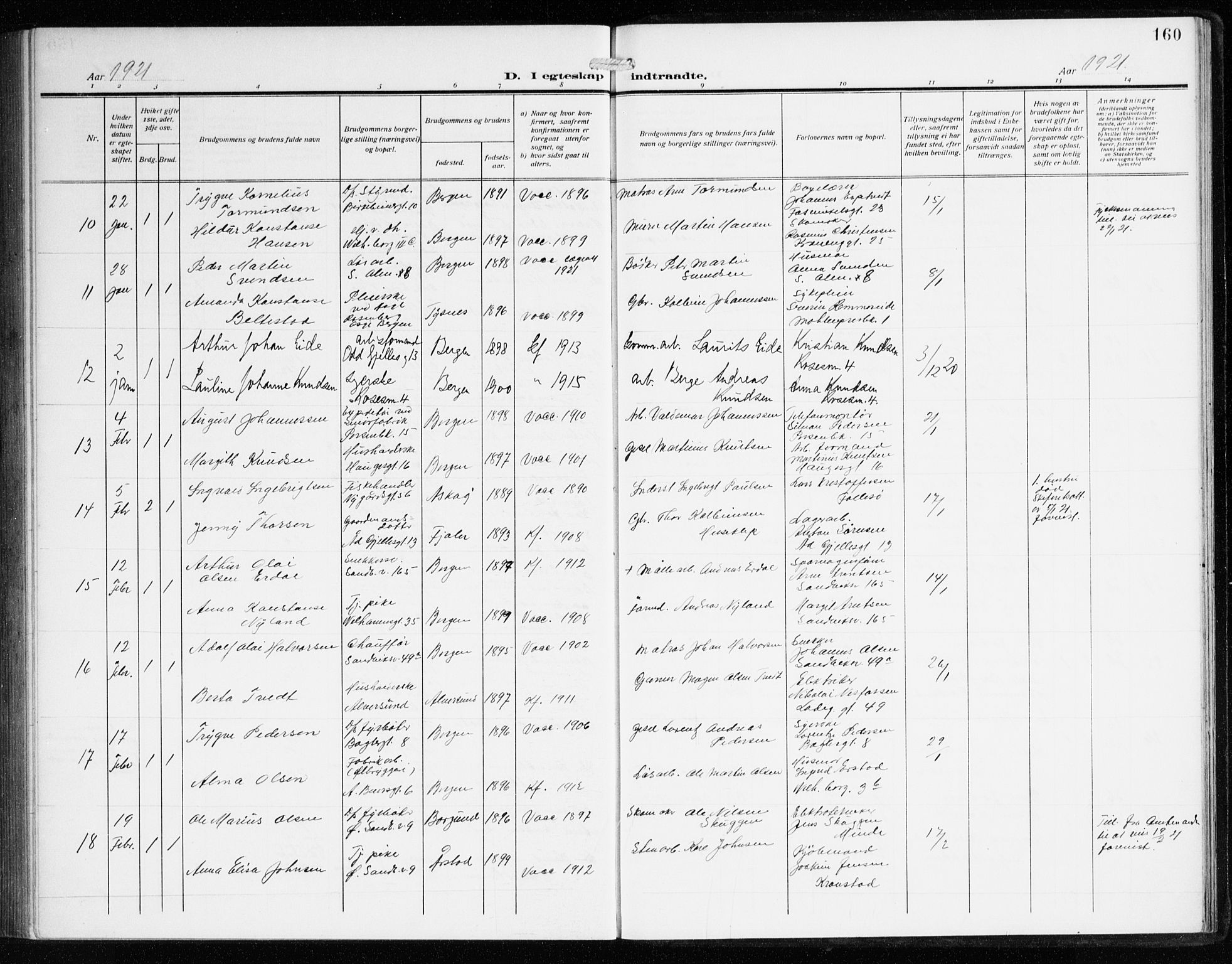 Sandviken Sokneprestembete, AV/SAB-A-77601/H/Ha/L0015: Parish register (official) no. D 2, 1911-1923, p. 160