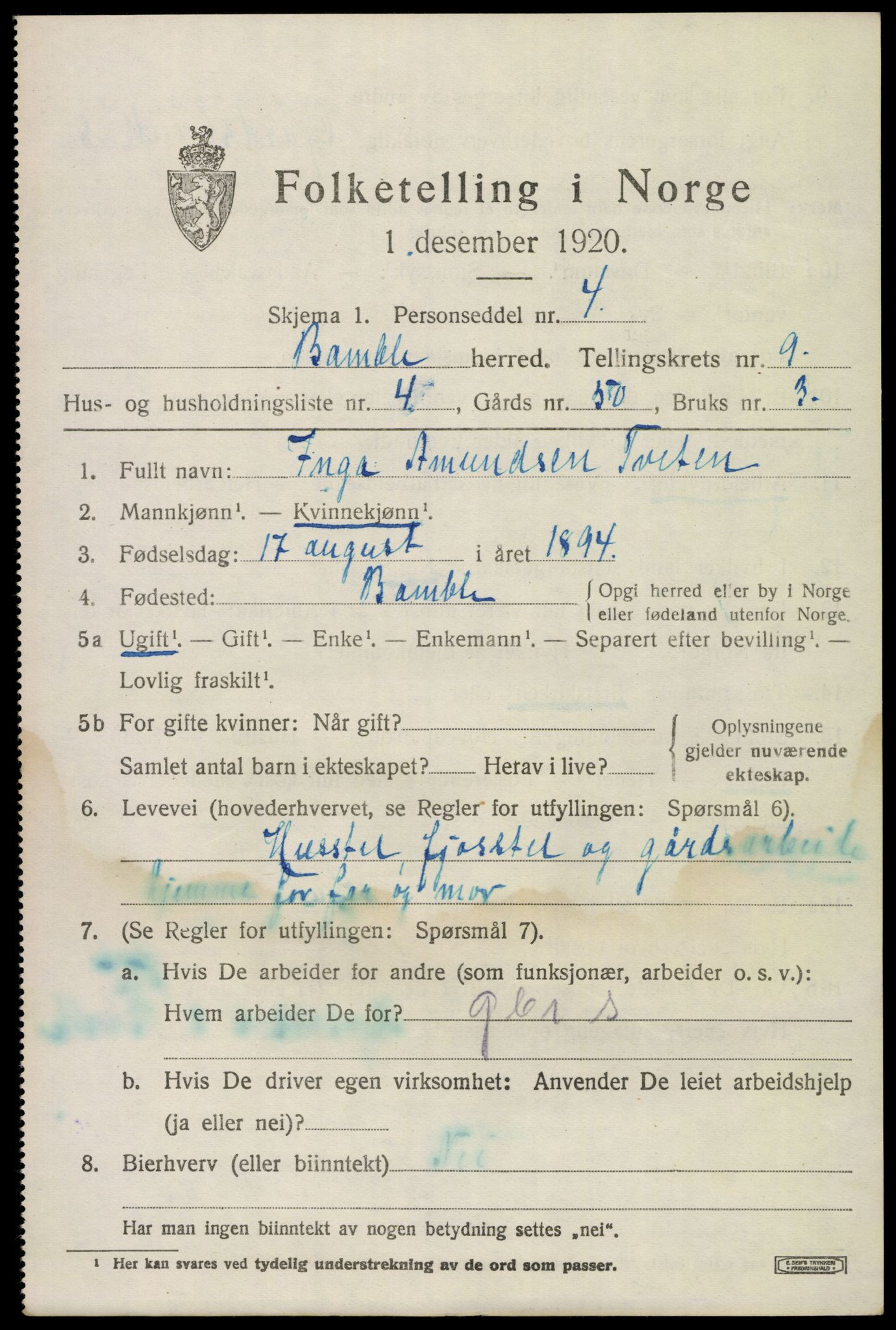 SAKO, 1920 census for Bamble, 1920, p. 7843