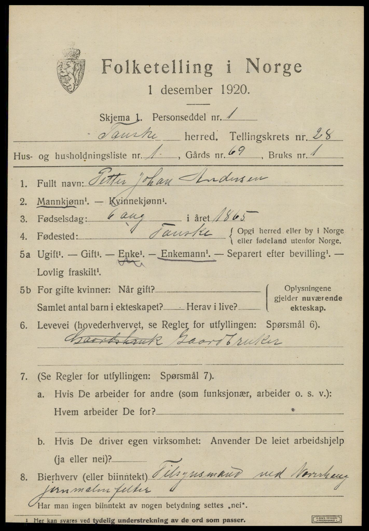 SAT, 1920 census for Fauske, 1920, p. 16956