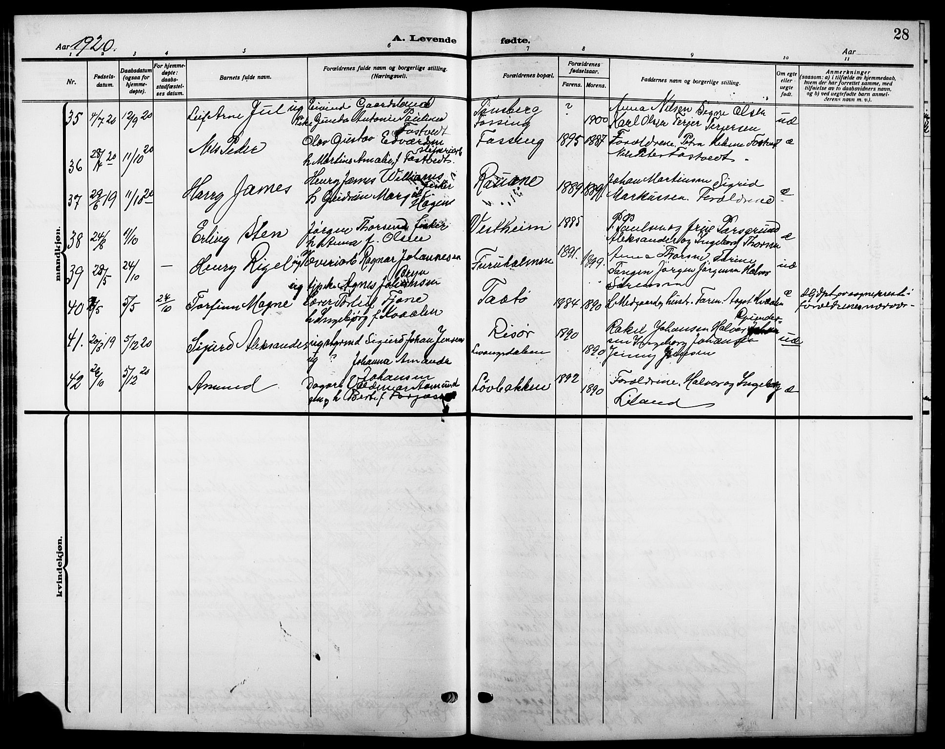 Skåtøy kirkebøker, SAKO/A-304/G/Ga/L0005: Parish register (copy) no. I 5, 1915-1925, p. 28