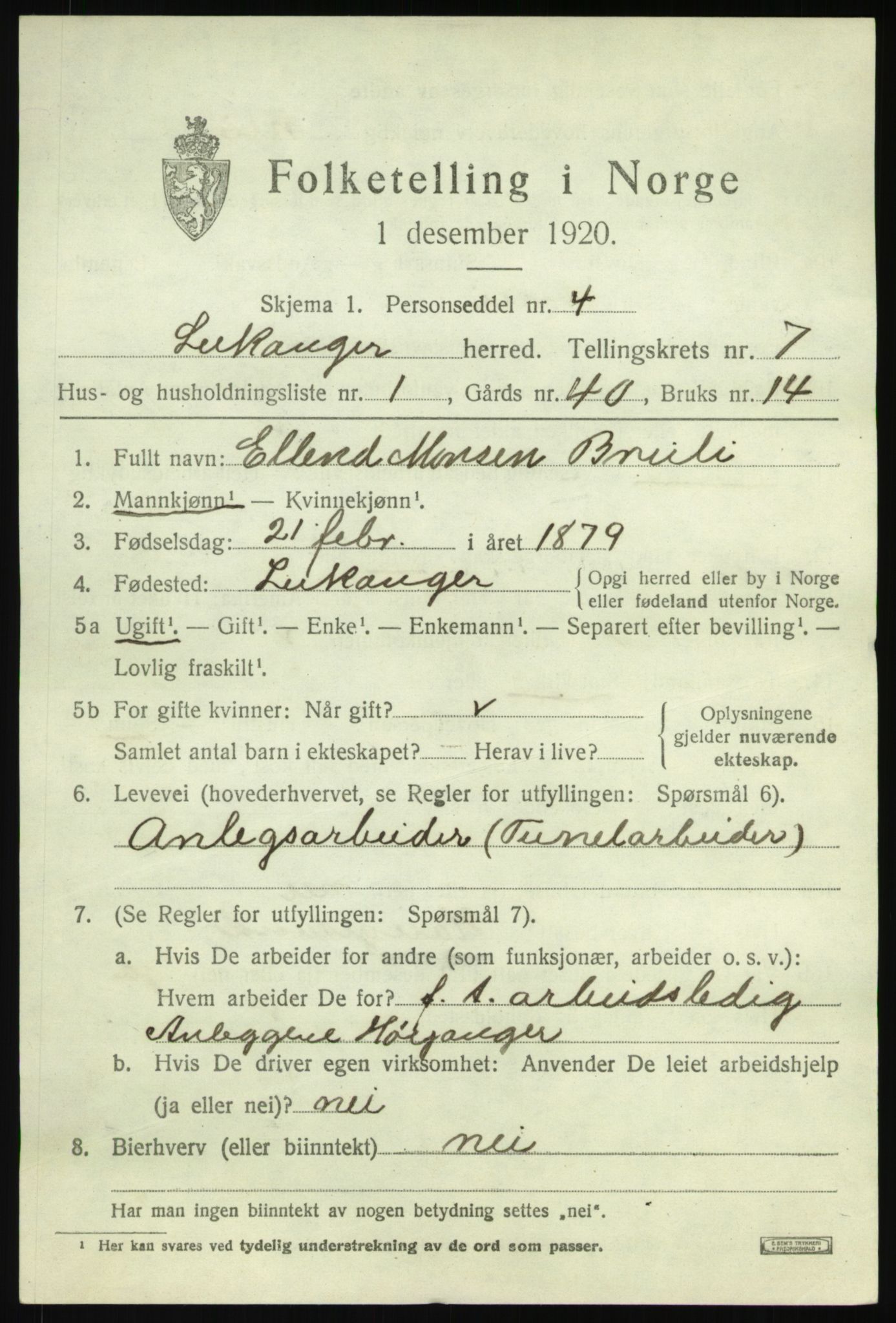 SAB, 1920 census for Leikanger, 1920, p. 4594