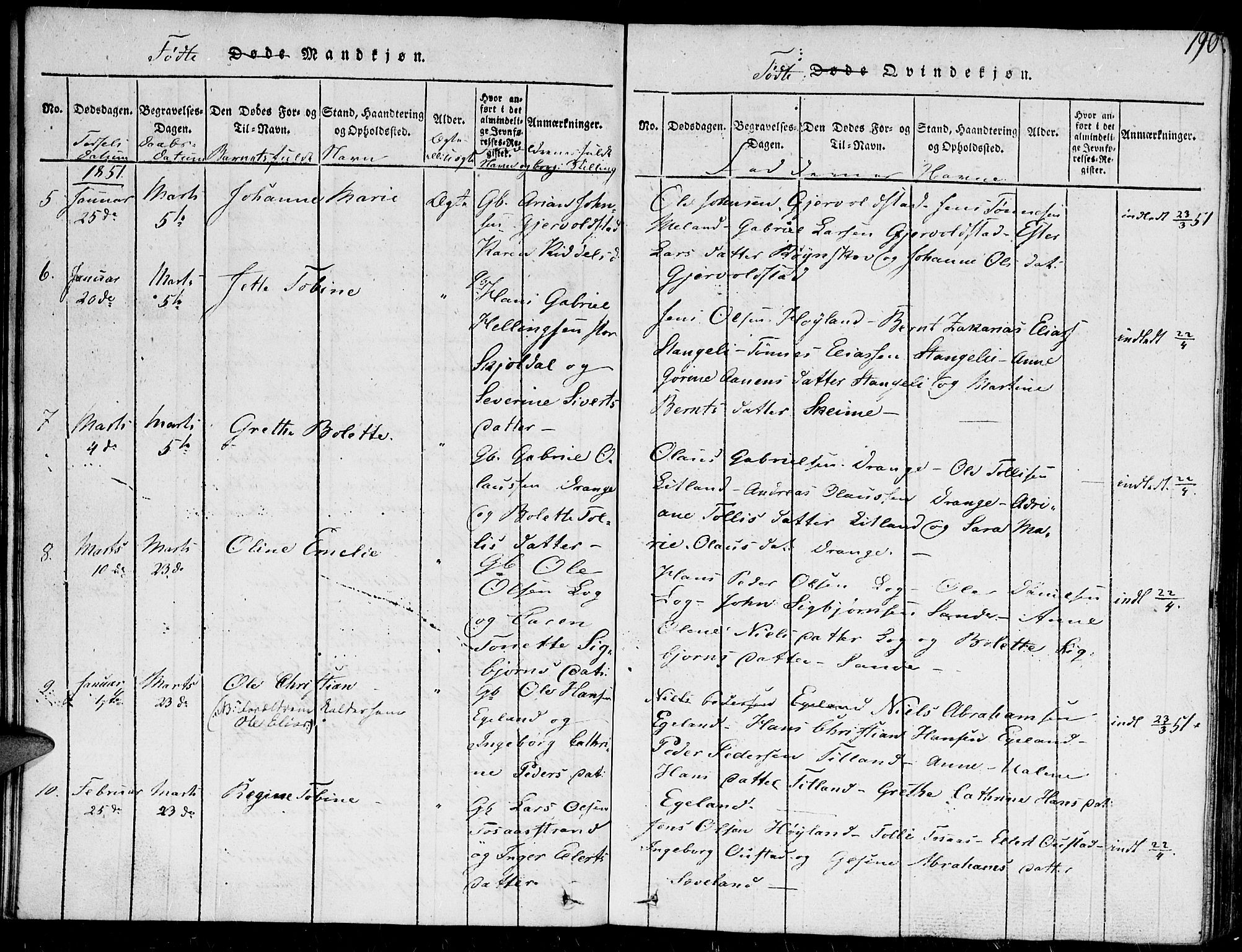 Herad sokneprestkontor, AV/SAK-1111-0018/F/Fb/Fba/L0001: Parish register (copy) no. B 1, 1815-1852, p. 190