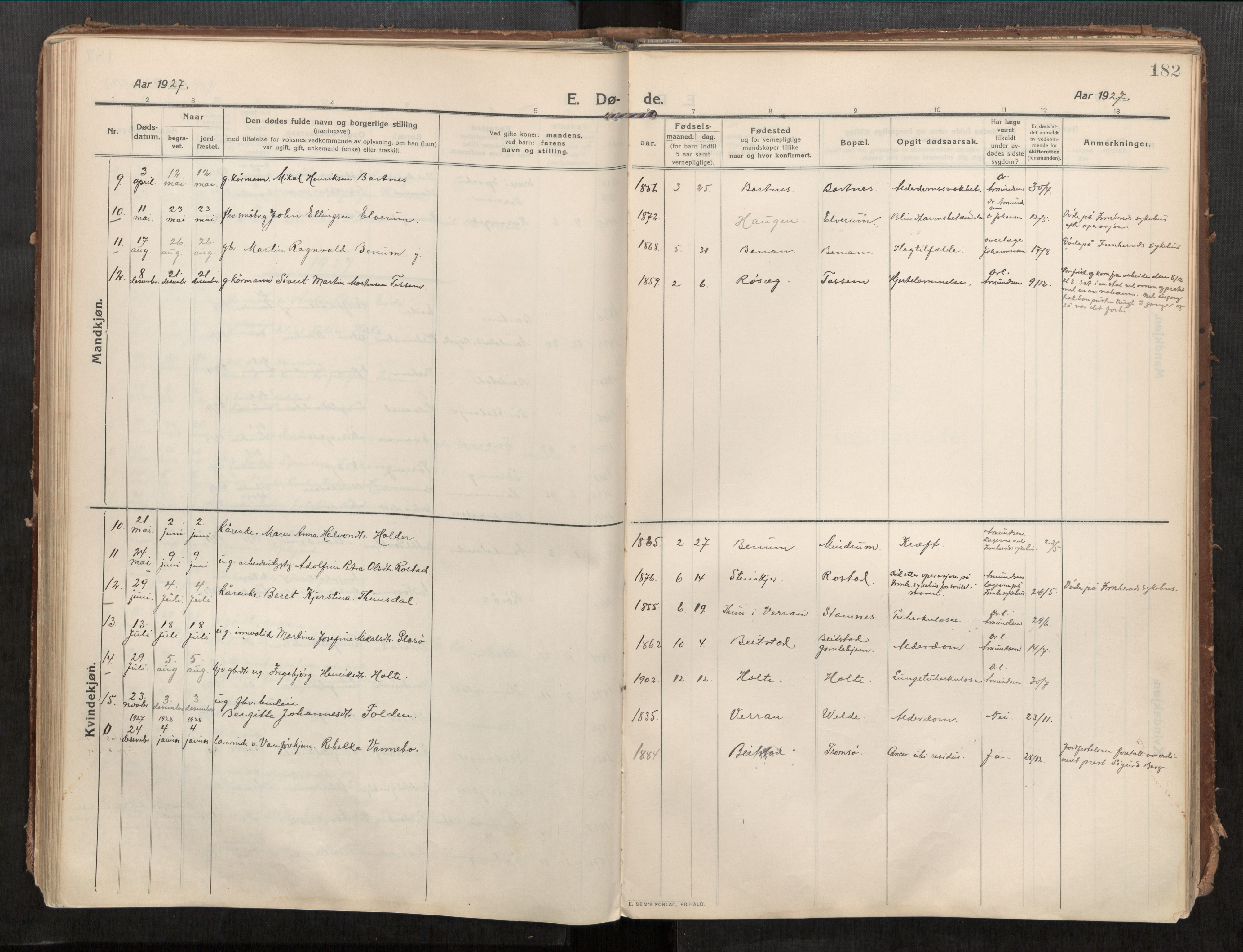 Beitstad sokneprestkontor, SAT/A-1162/I/I1/I1a/L0001: Parish register (official) no. 1, 1912-1927, p. 182