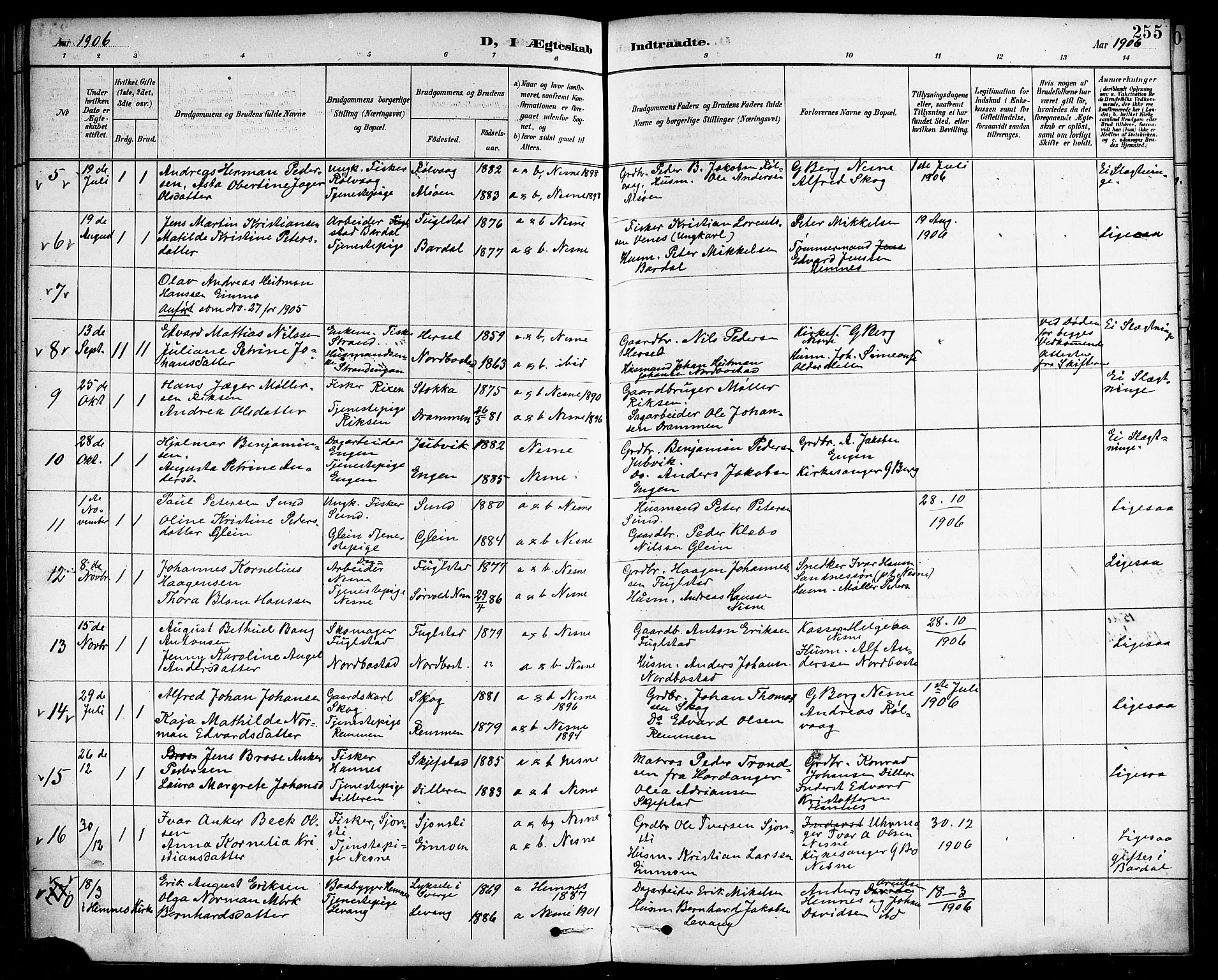 Ministerialprotokoller, klokkerbøker og fødselsregistre - Nordland, AV/SAT-A-1459/838/L0559: Parish register (copy) no. 838C06, 1893-1910, p. 255