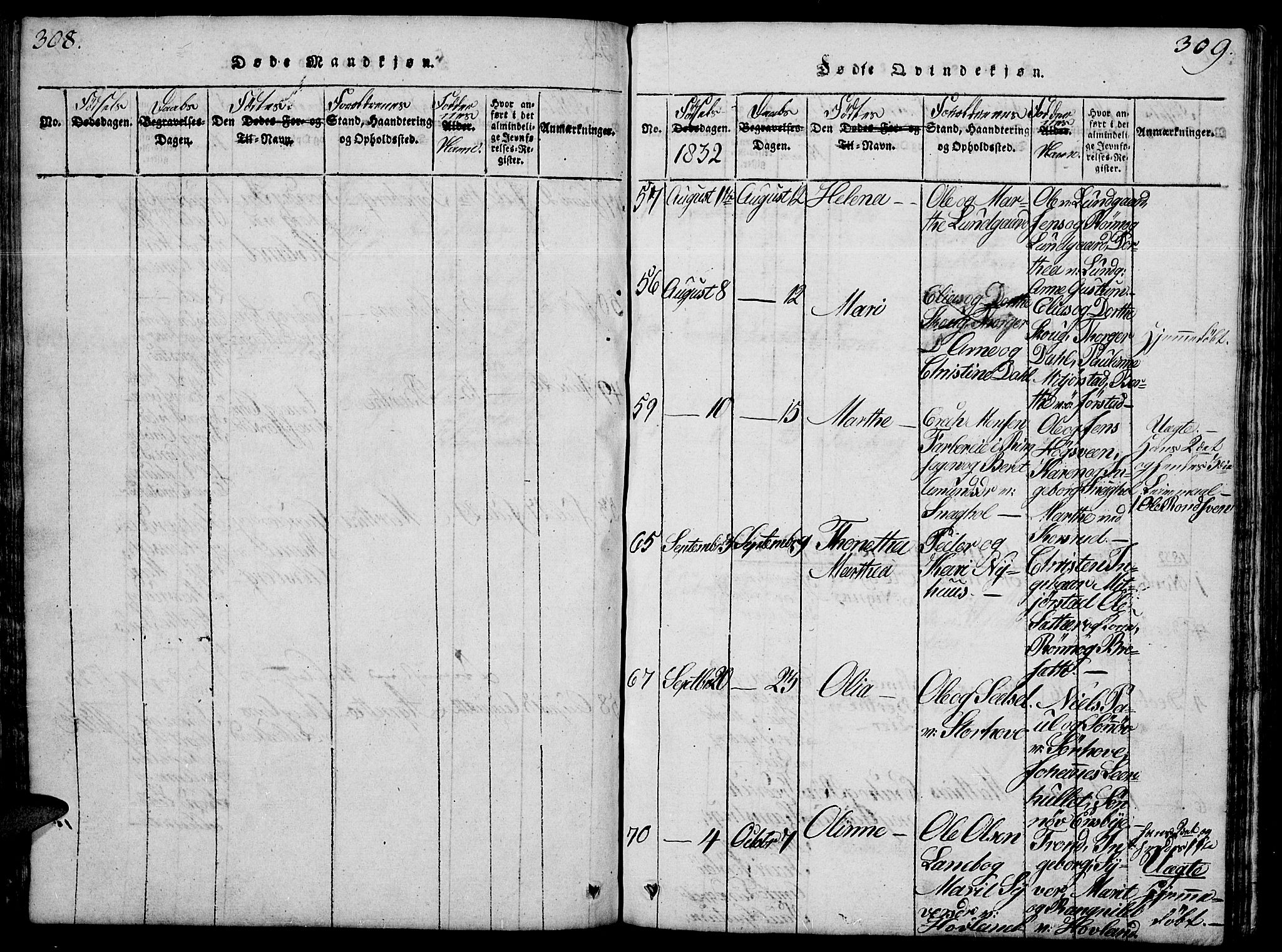 Fåberg prestekontor, SAH/PREST-086/H/Ha/Hab/L0004: Parish register (copy) no. 4, 1818-1837, p. 308-309