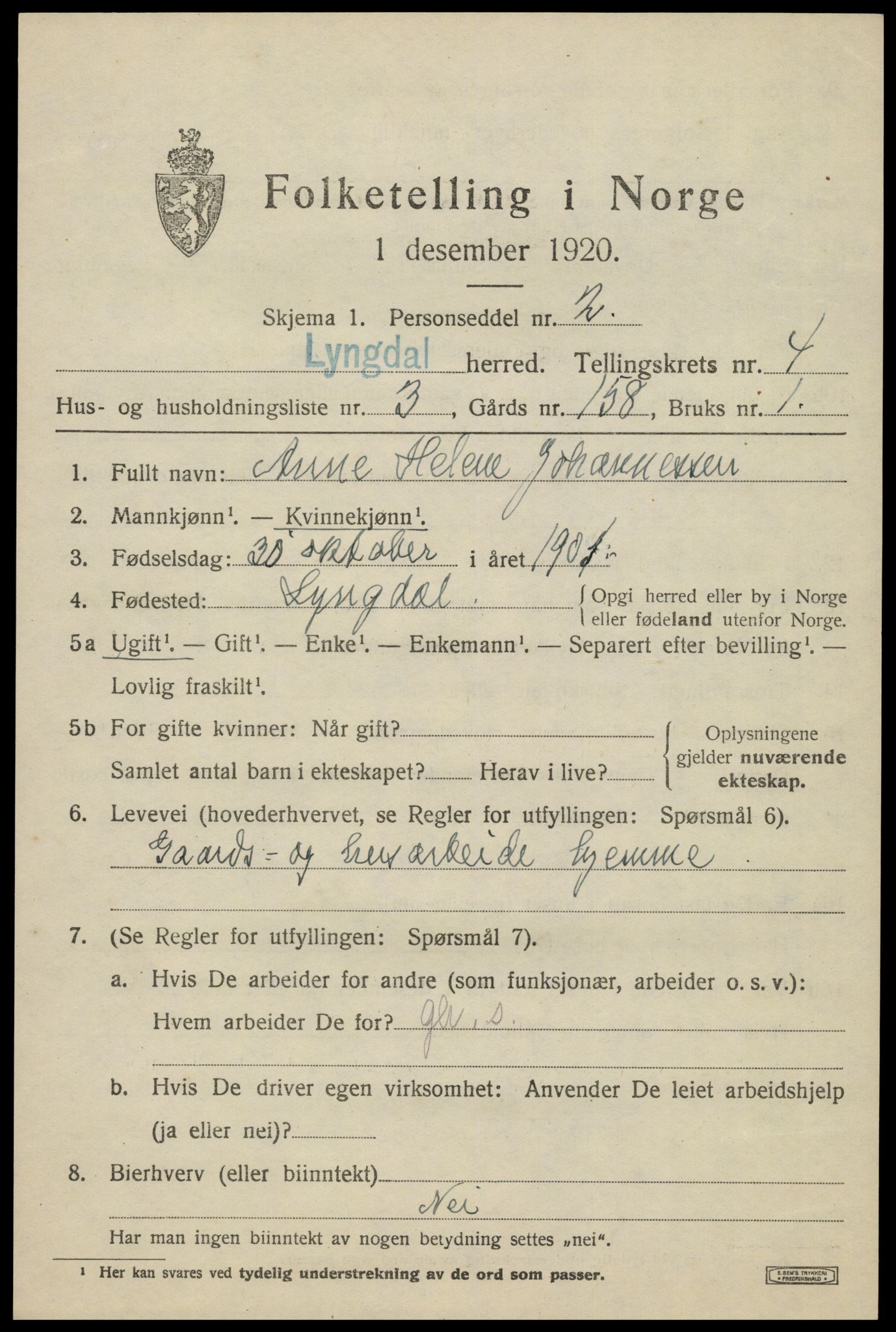 SAK, 1920 census for Lyngdal, 1920, p. 2407