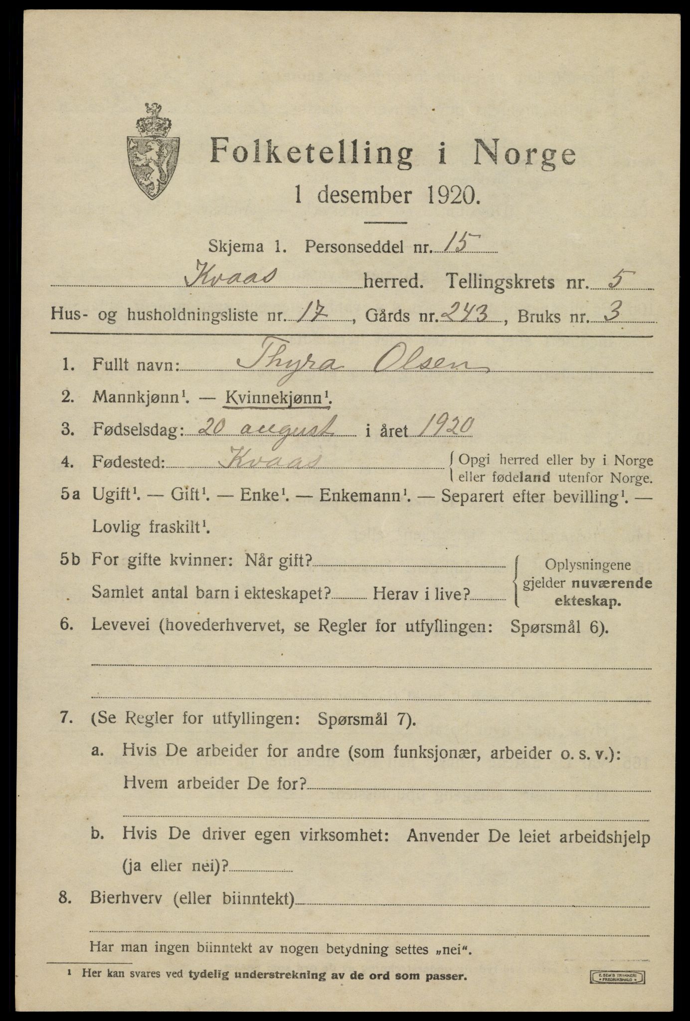 SAK, 1920 census for Kvås, 1920, p. 1500