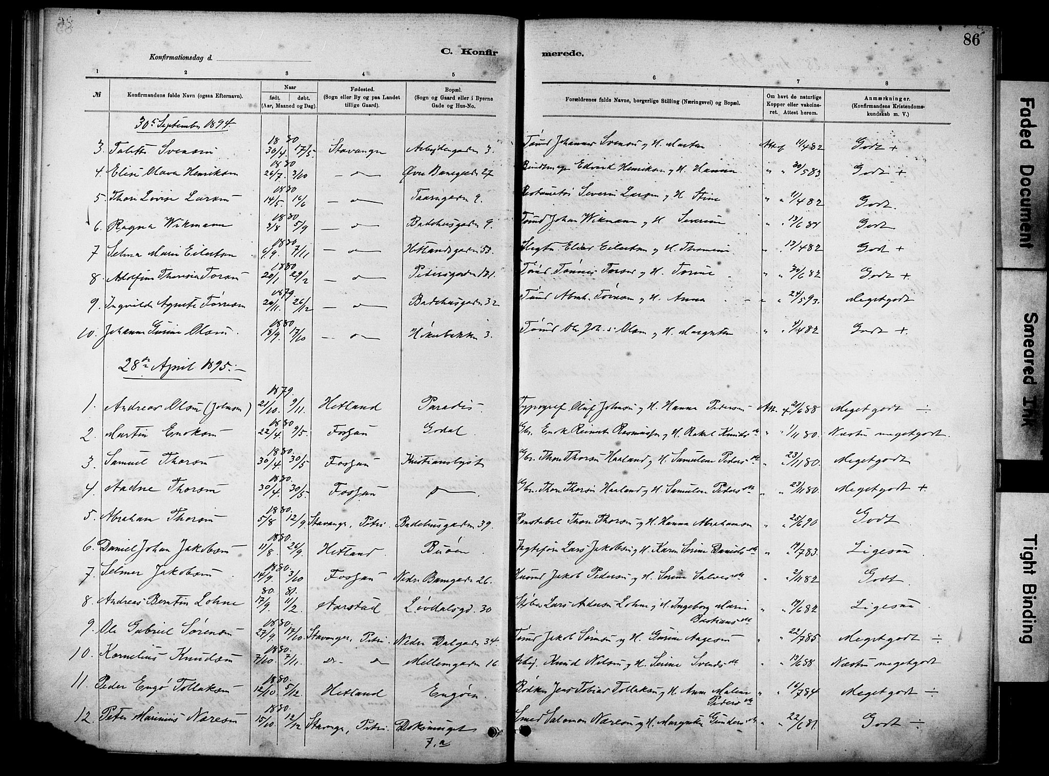 St. Johannes sokneprestkontor, SAST/A-101814/001/30/30BA/L0002: Parish register (official) no. A 2, 1885-1899, p. 86