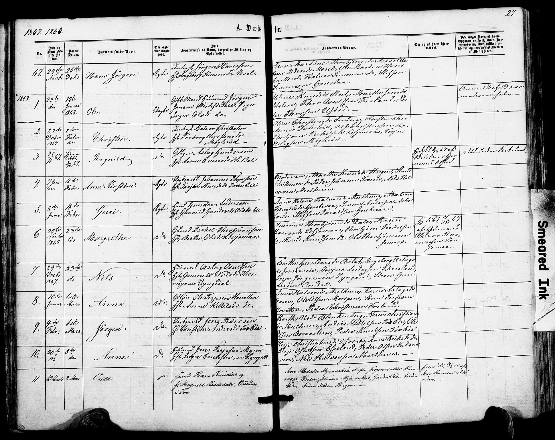 Froland sokneprestkontor, AV/SAK-1111-0013/F/Fa/L0003: Parish register (official) no. A 3, 1864-1881, p. 24