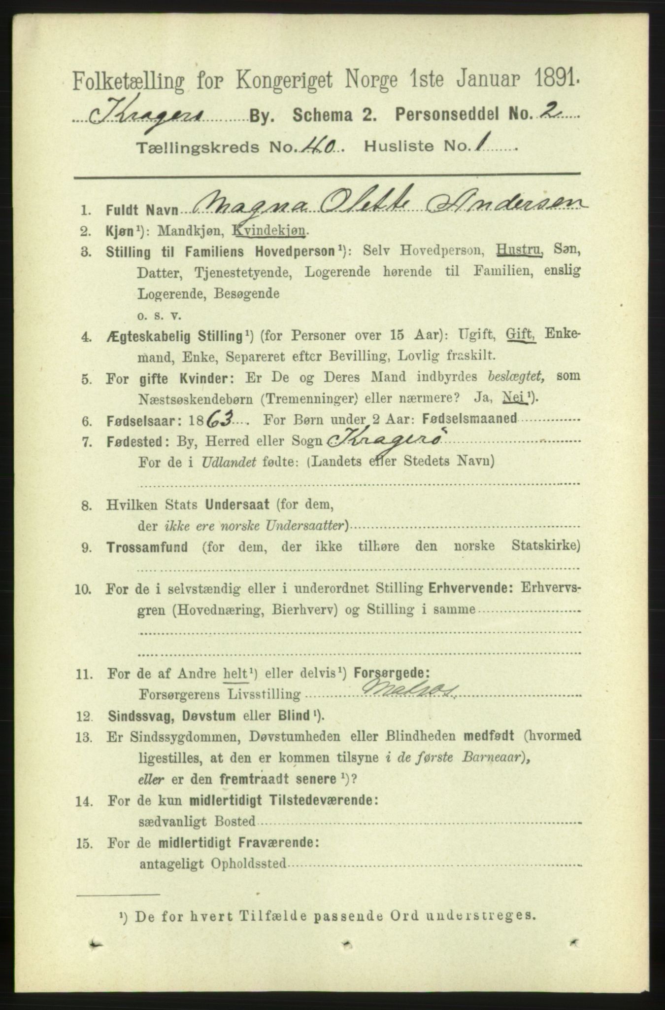 RA, 1891 census for 0801 Kragerø, 1891, p. 7400