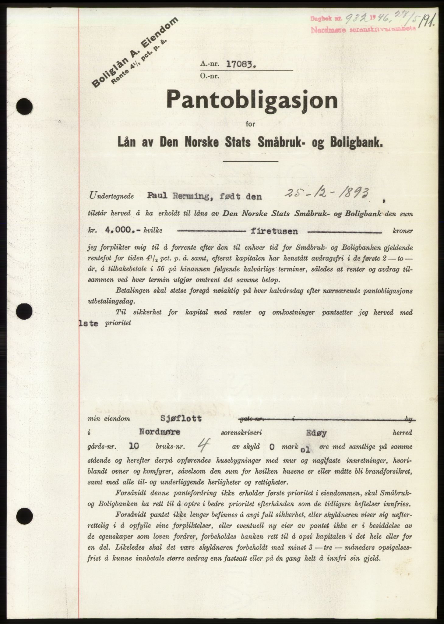 Nordmøre sorenskriveri, AV/SAT-A-4132/1/2/2Ca: Mortgage book no. B94, 1946-1946, Diary no: : 932/1946