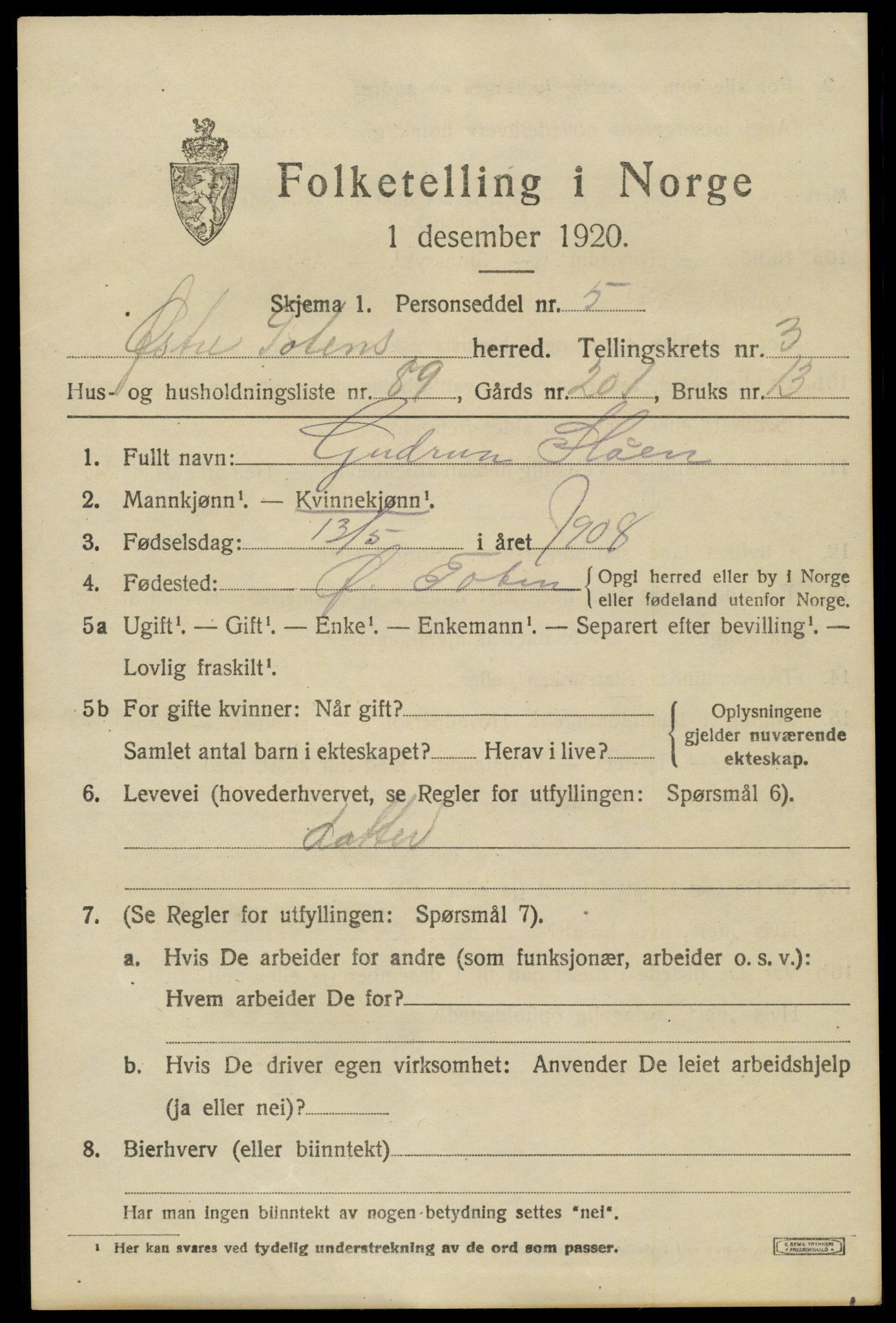 SAH, 1920 census for Østre Toten, 1920, p. 6936