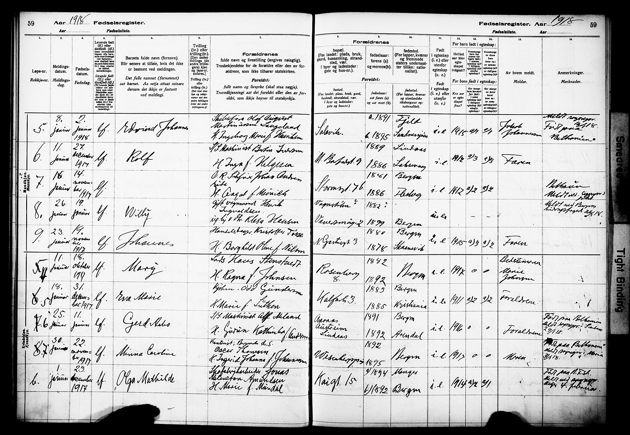 Domkirken sokneprestembete, AV/SAB-A-74801/I/Id/L00A1: Birth register no. A 1, 1916-1923, p. 59