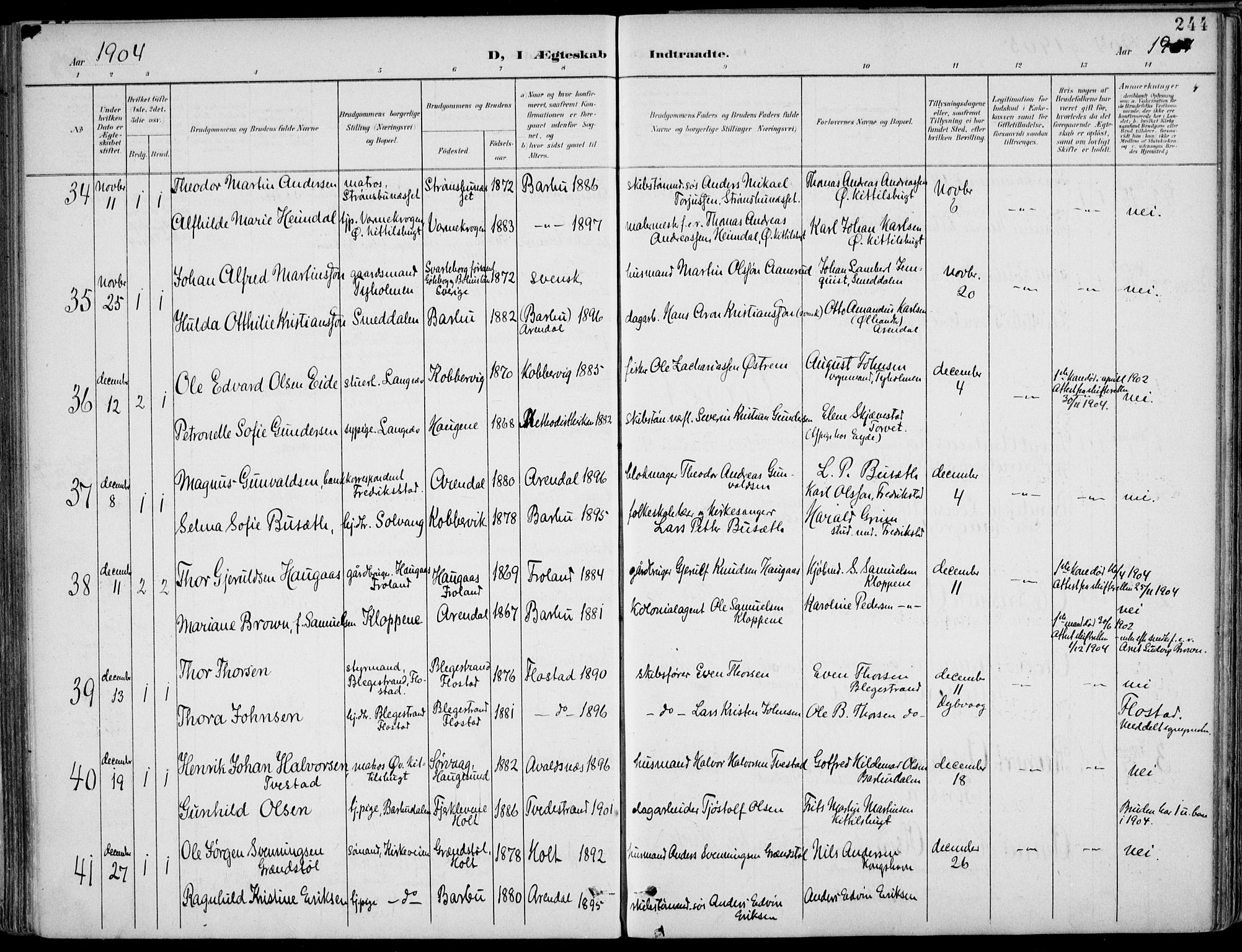 Barbu sokneprestkontor, AV/SAK-1111-0003/F/Fa/L0005: Parish register (official) no. A 5, 1899-1909, p. 244