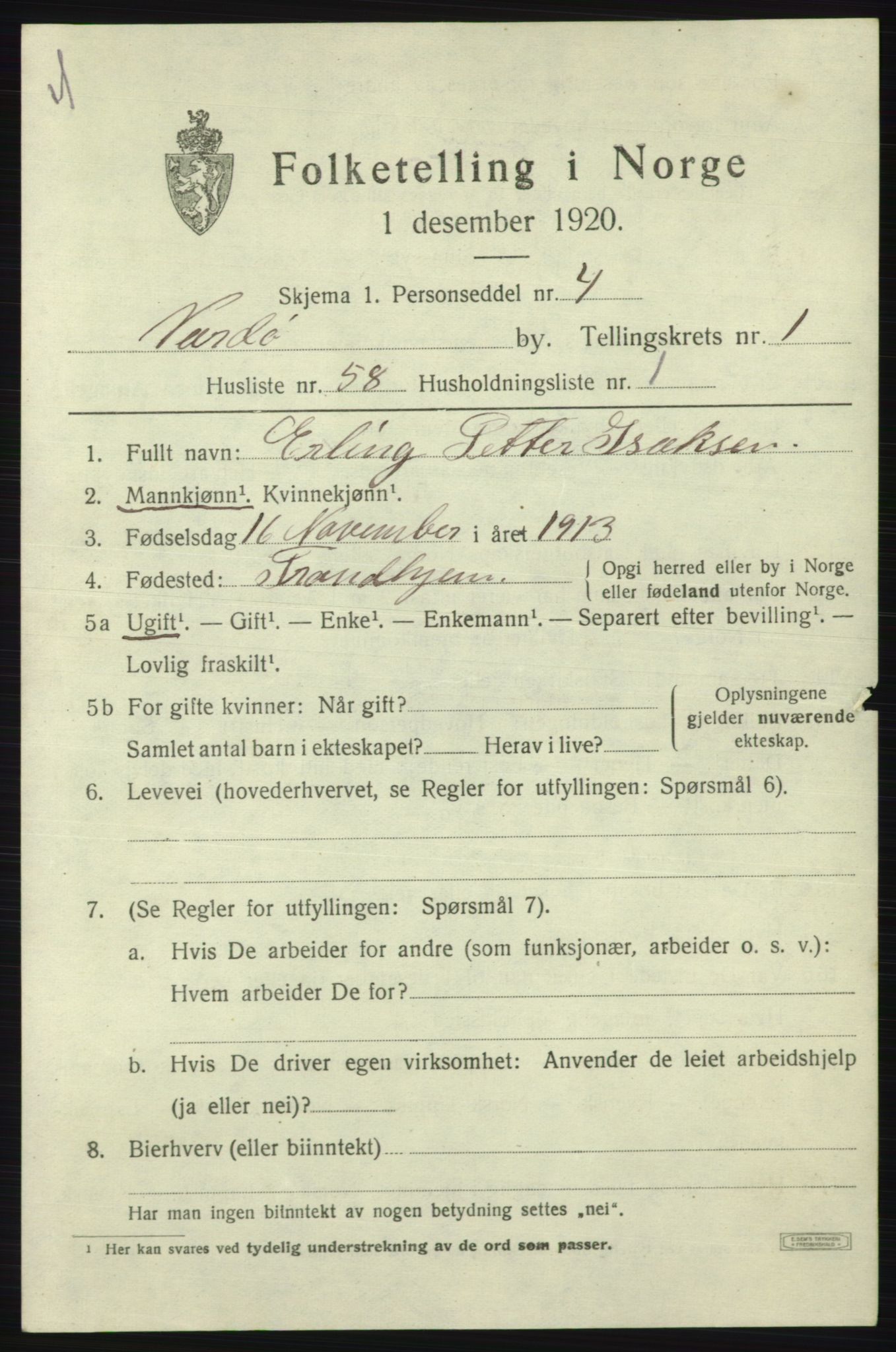 SATØ, 1920 census for Vardø, 1920, p. 3532