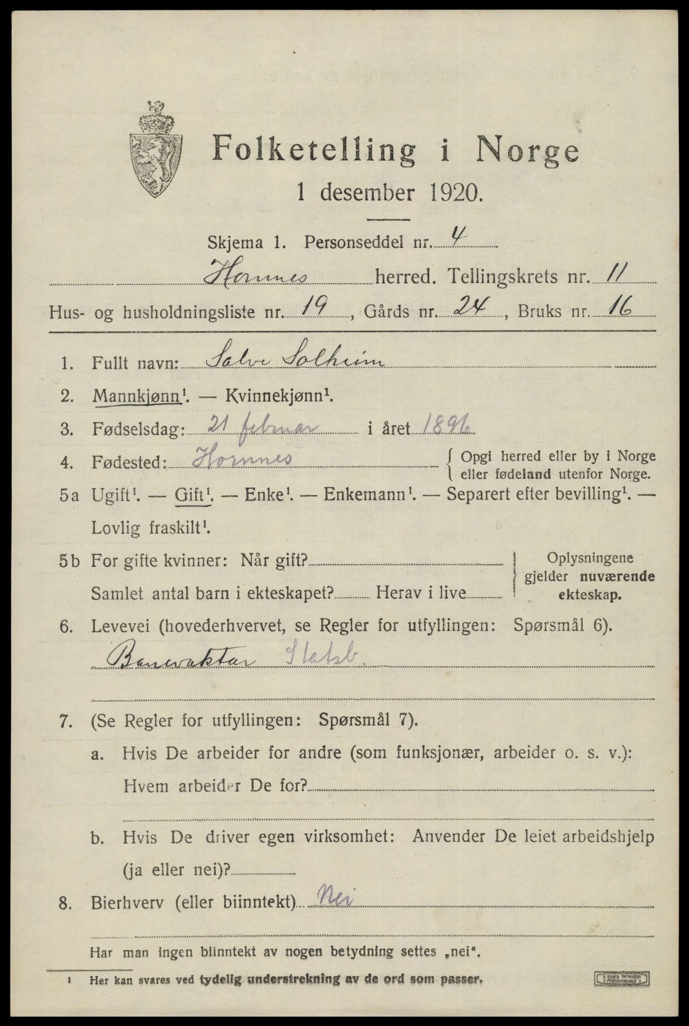 SAK, 1920 census for Hornnes, 1920, p. 2869