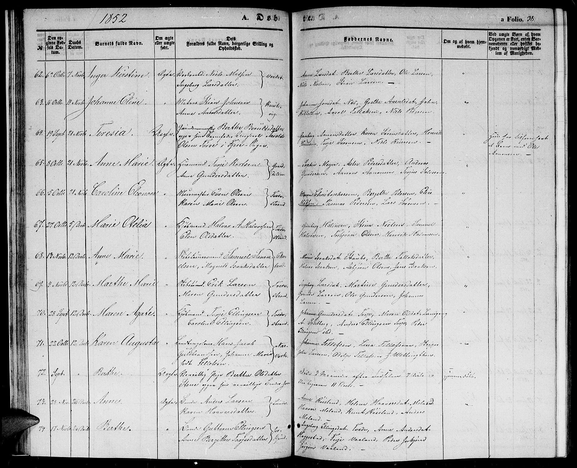 Holt sokneprestkontor, AV/SAK-1111-0021/F/Fb/L0007: Parish register (copy) no. B 7, 1849-1858, p. 38