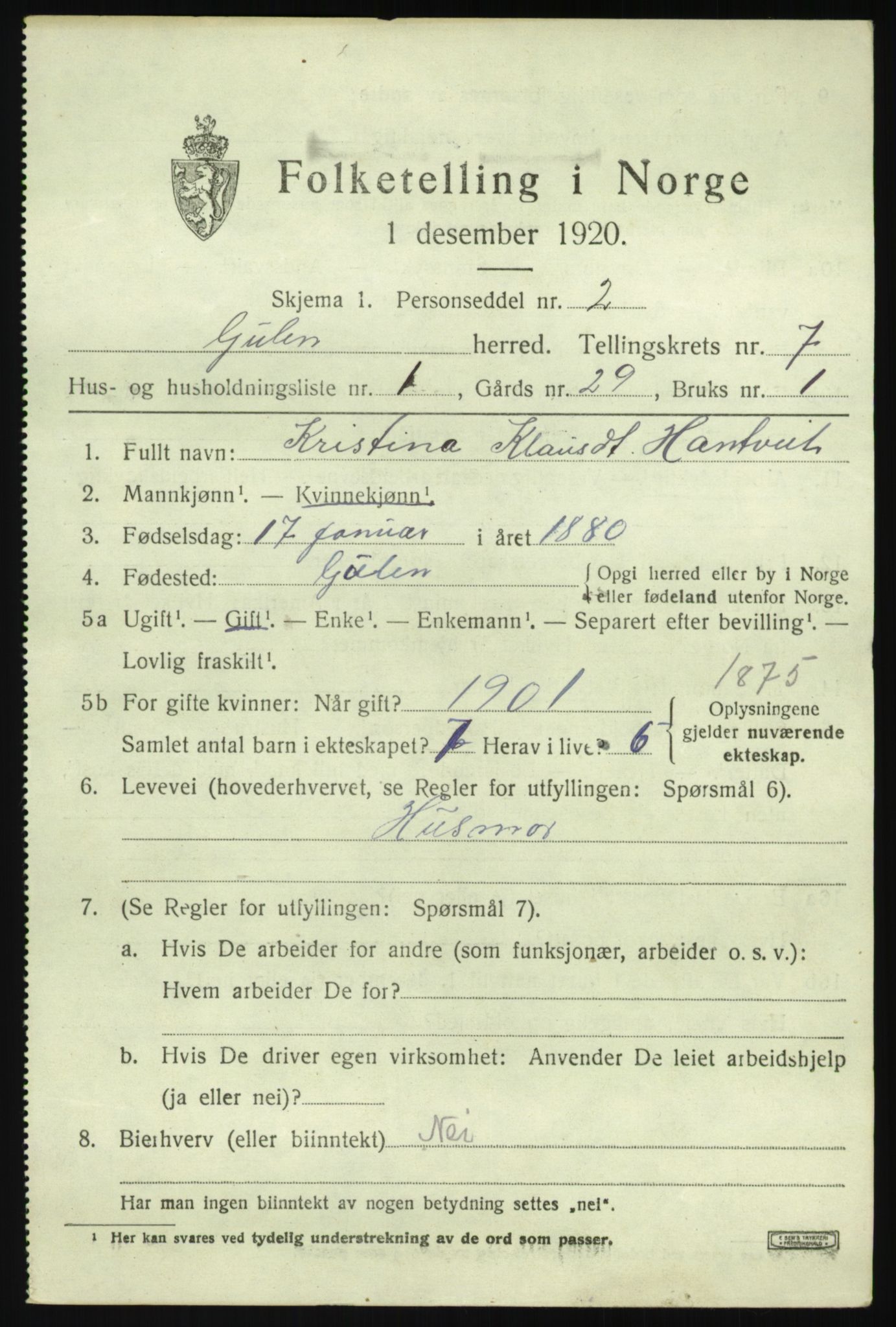 SAB, 1920 census for Gulen, 1920, p. 2995