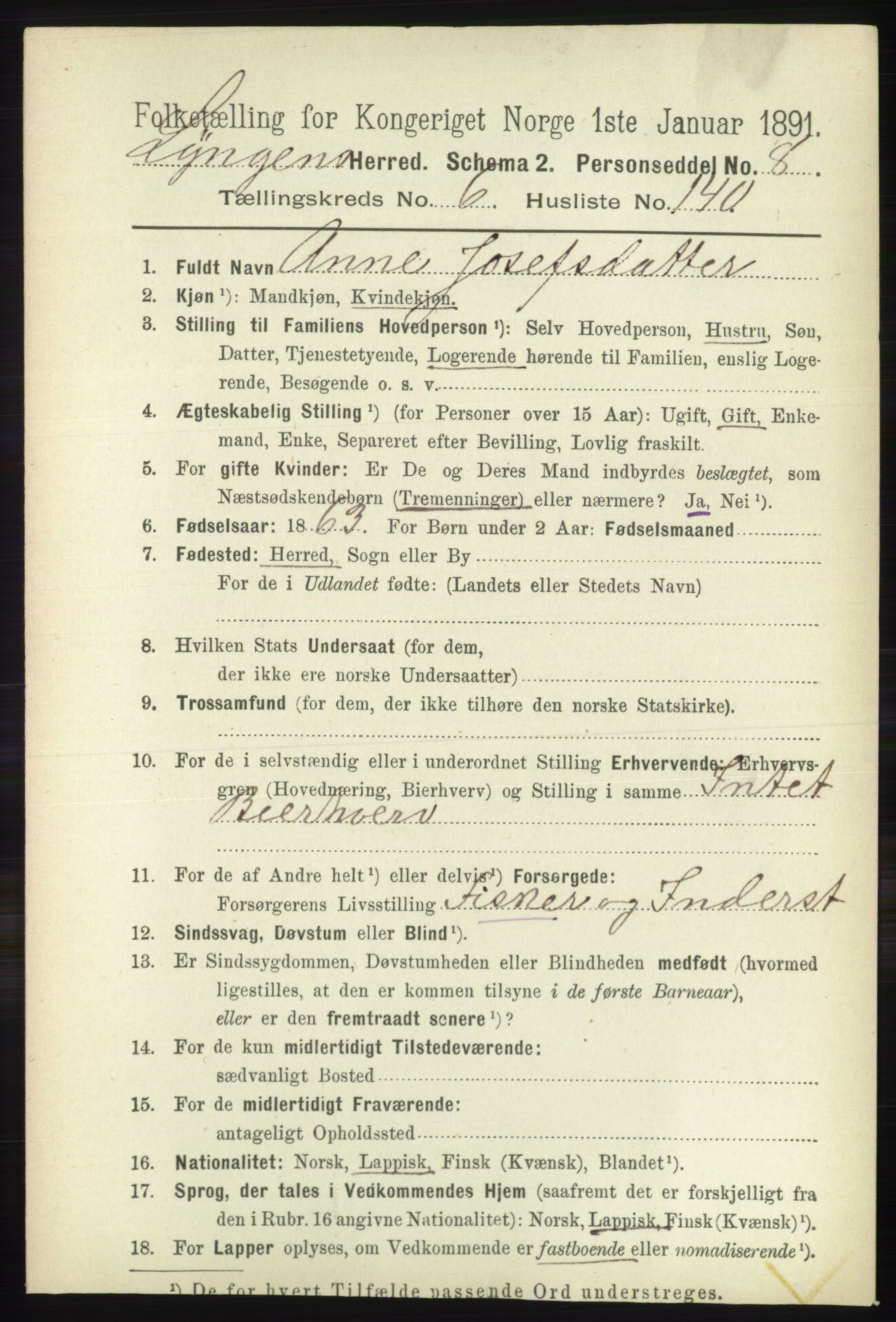 RA, 1891 census for 1938 Lyngen, 1891, p. 6237