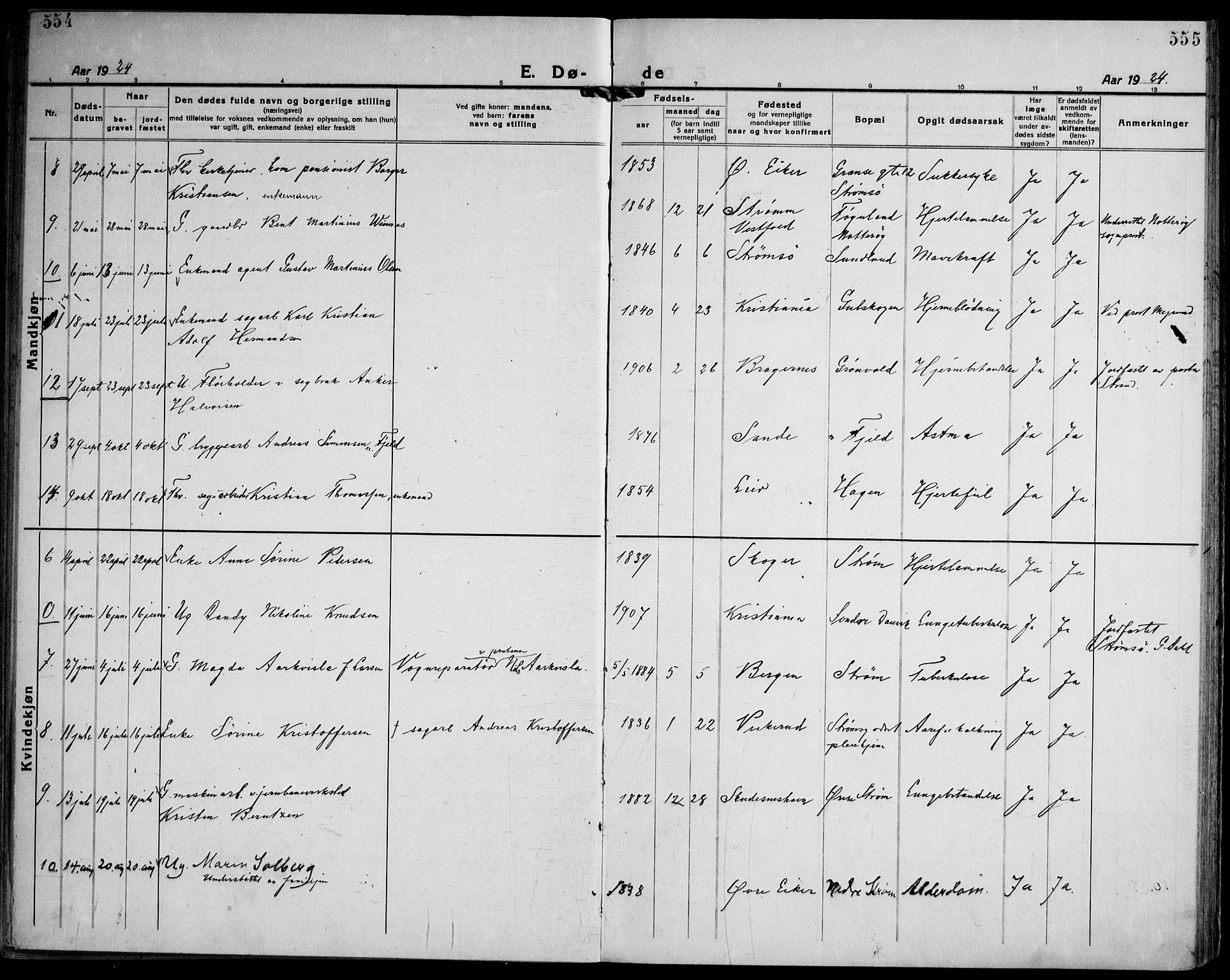 Strømsgodset kirkebøker, AV/SAKO-A-324/F/Fa/L0003: Parish register (official) no. 3, 1920-1936, p. 554-555