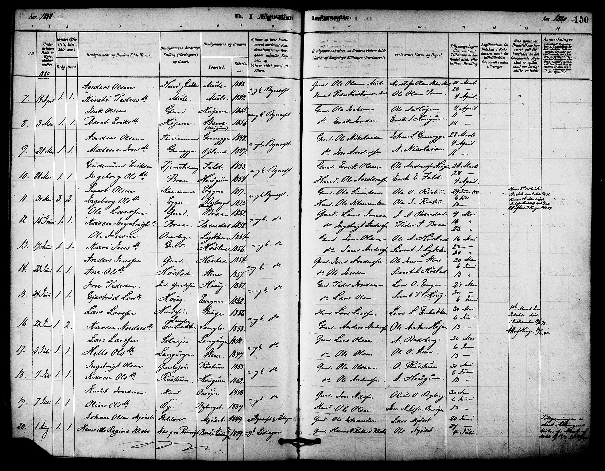 Ministerialprotokoller, klokkerbøker og fødselsregistre - Sør-Trøndelag, AV/SAT-A-1456/612/L0378: Parish register (official) no. 612A10, 1878-1897, p. 150