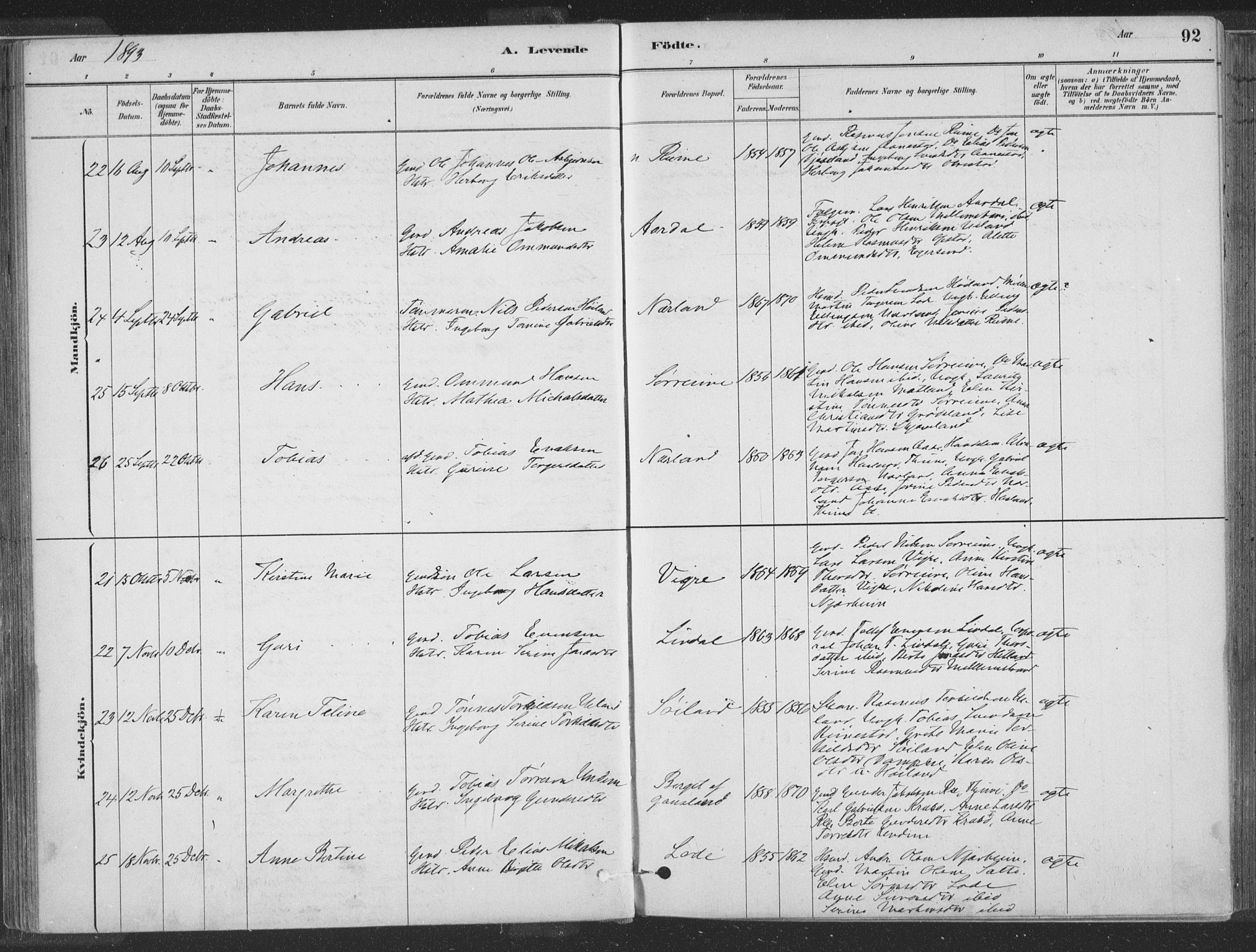 Hå sokneprestkontor, SAST/A-101801/001/30BA/L0010: Parish register (official) no. A 9, 1879-1896, p. 92