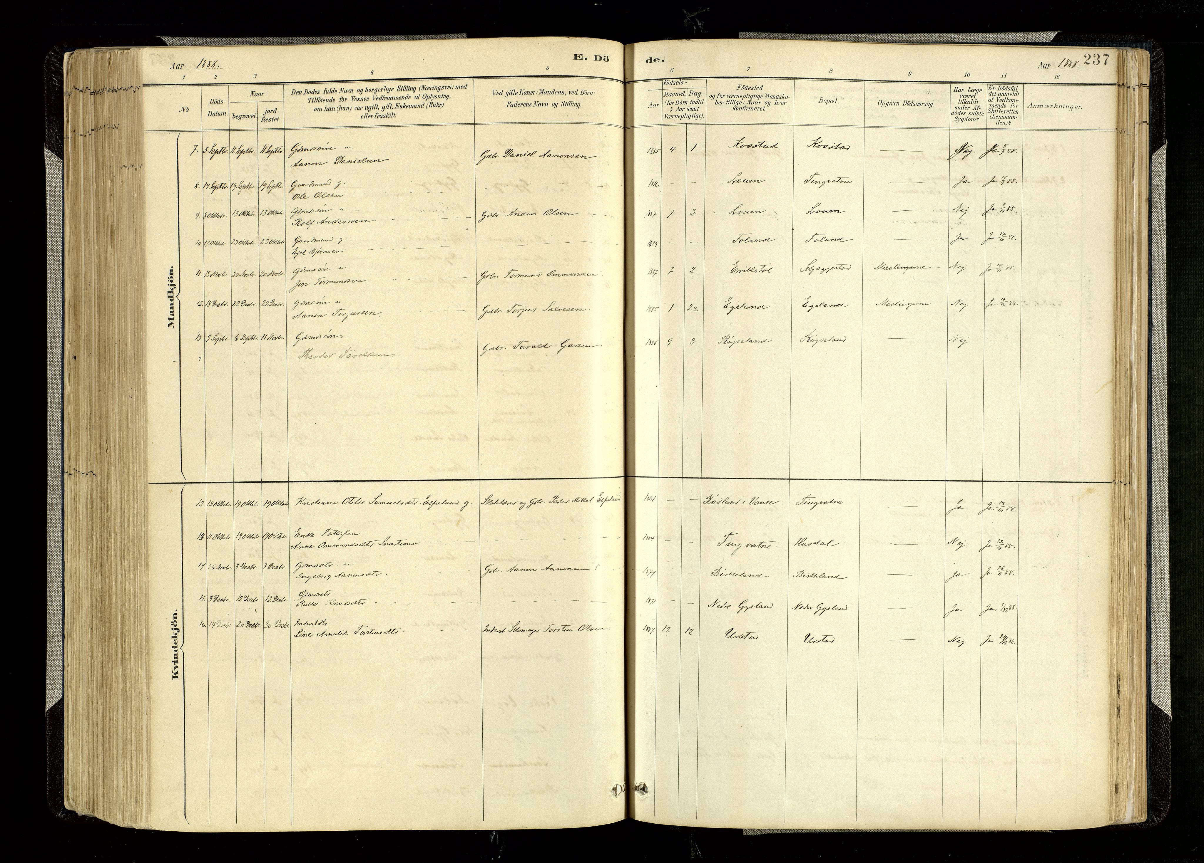 Hægebostad sokneprestkontor, AV/SAK-1111-0024/F/Fa/Faa/L0006: Parish register (official) no. A 6, 1887-1929, p. 237