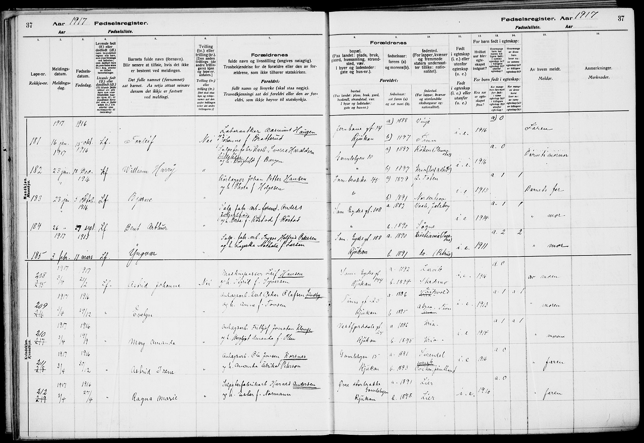 Rjukan kirkebøker, AV/SAKO-A-294/J/Ja/L0001: Birth register no. 1, 1916-1922, p. 37