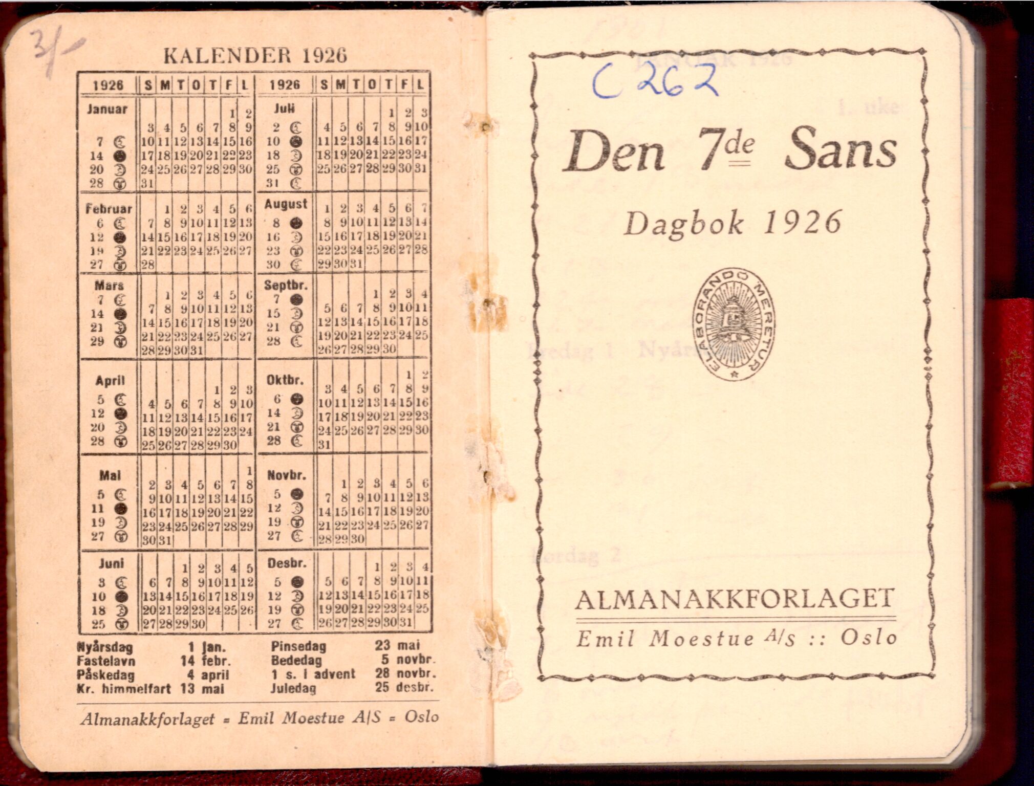 Samling etter Klara Semb, NSFF/KS/C/262: Almanakk med notatar, 1926