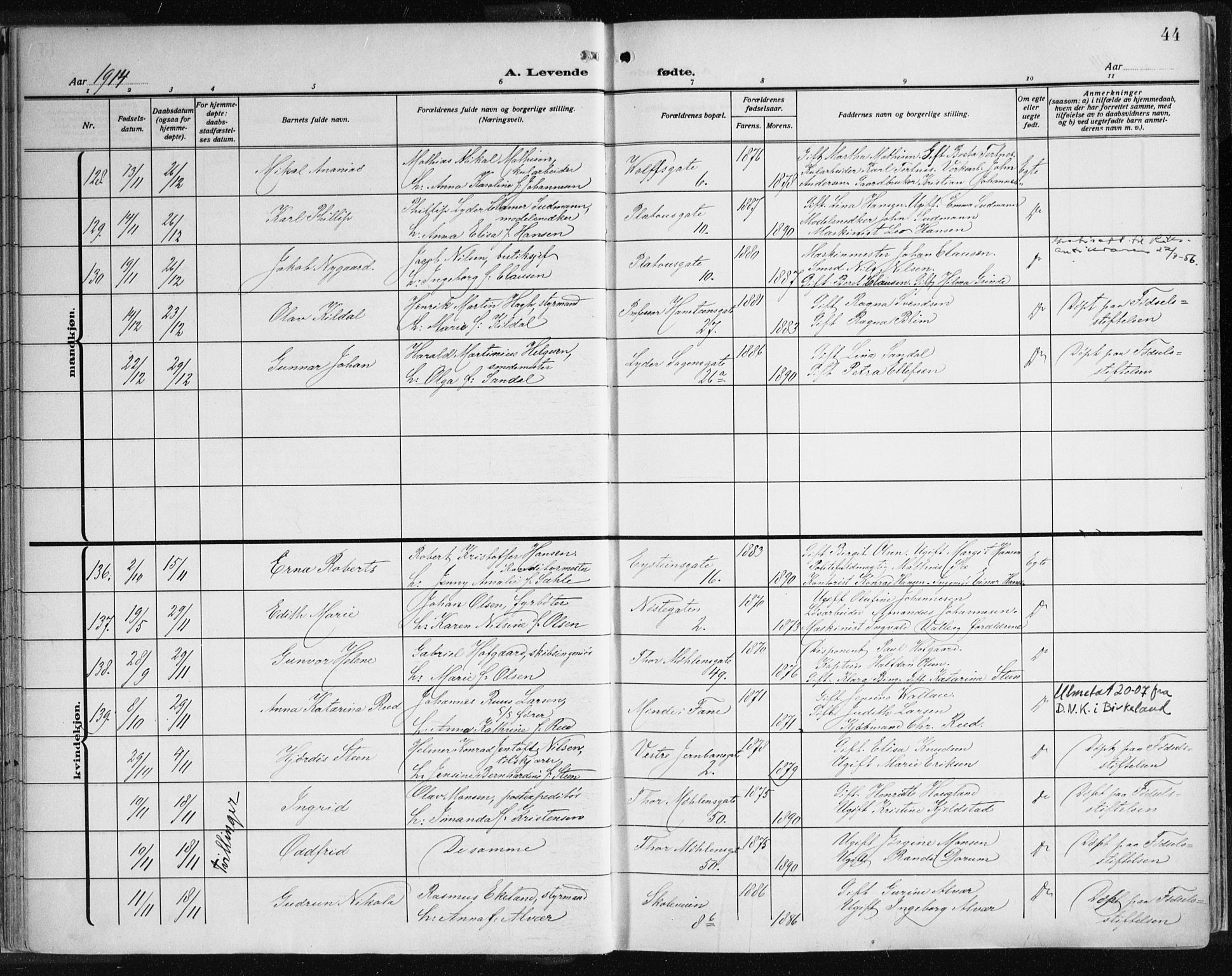 Johanneskirken sokneprestembete, AV/SAB-A-76001/H/Haa: Parish register (official) no. A 3, 1913-1934, p. 44
