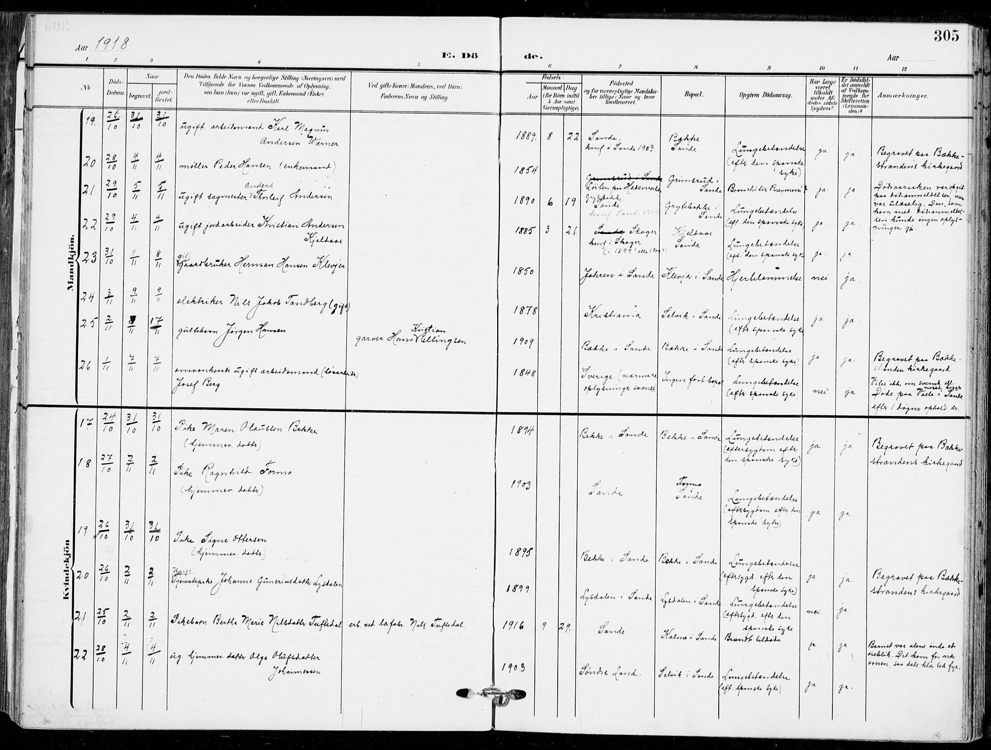 Sande Kirkebøker, AV/SAKO-A-53/F/Fa/L0008: Parish register (official) no. 8, 1904-1921, p. 305