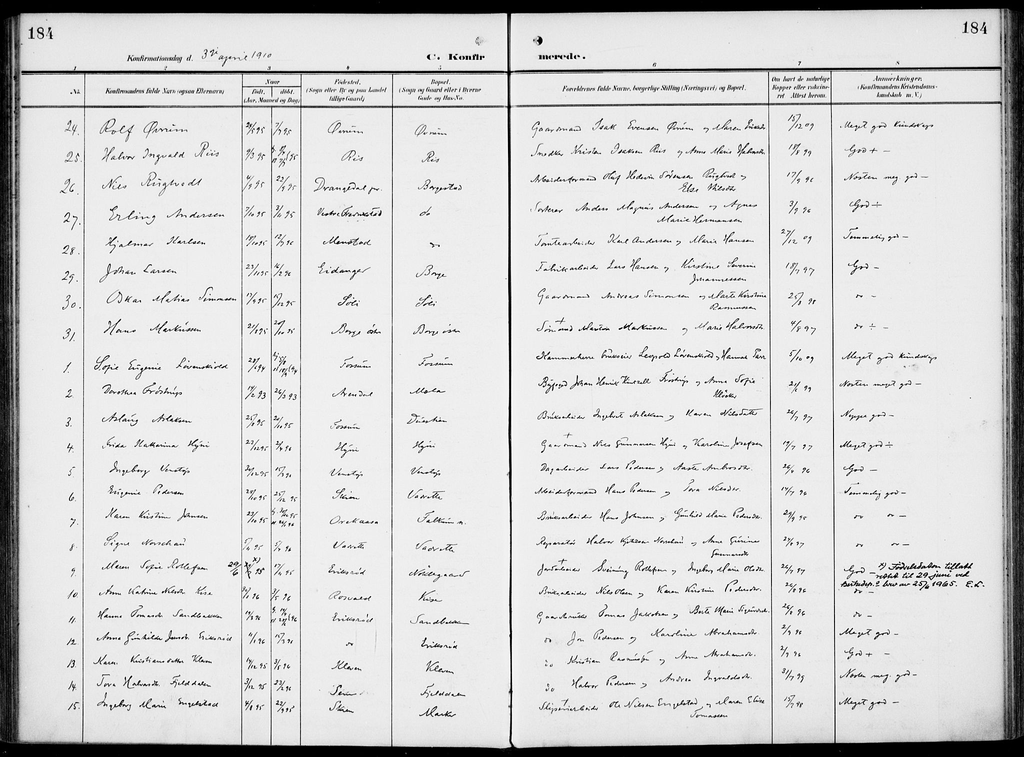 Gjerpen kirkebøker, SAKO/A-265/F/Fa/L0012: Parish register (official) no. I 12, 1905-1913, p. 184