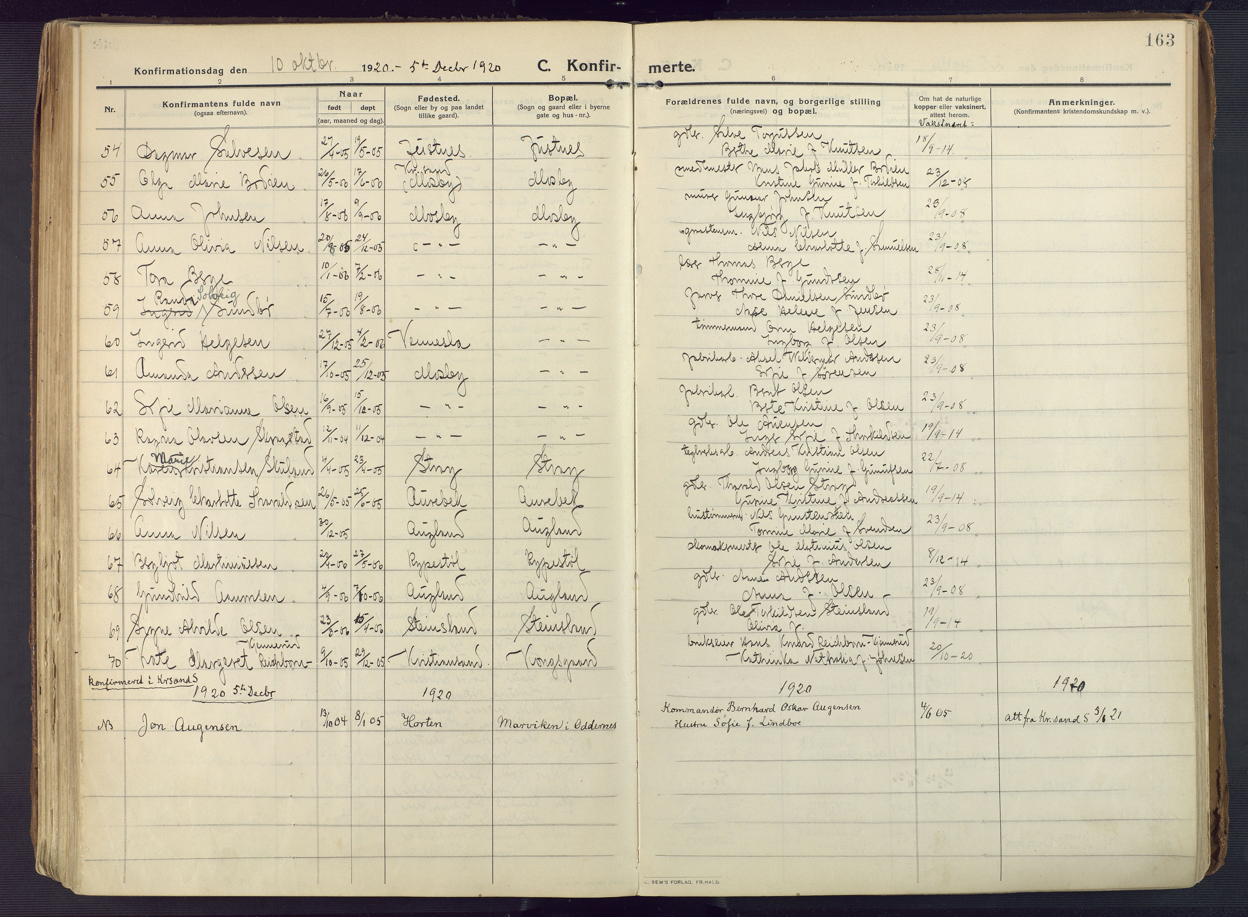 Oddernes sokneprestkontor, AV/SAK-1111-0033/F/Fa/Faa/L0012: Parish register (official) no. A 12, 1912-1925, p. 163