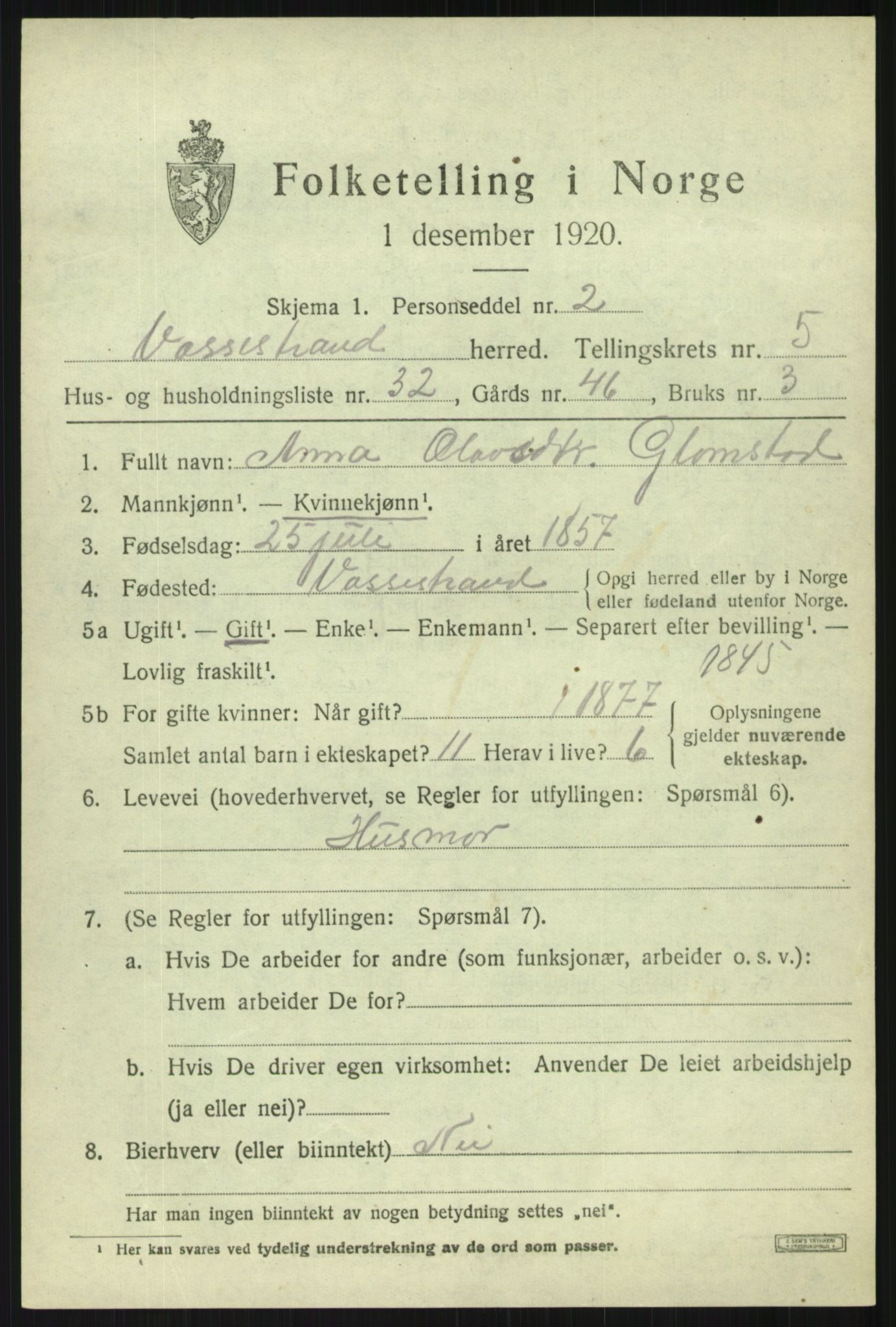 SAB, 1920 census for Vossestrand, 1920, p. 2764