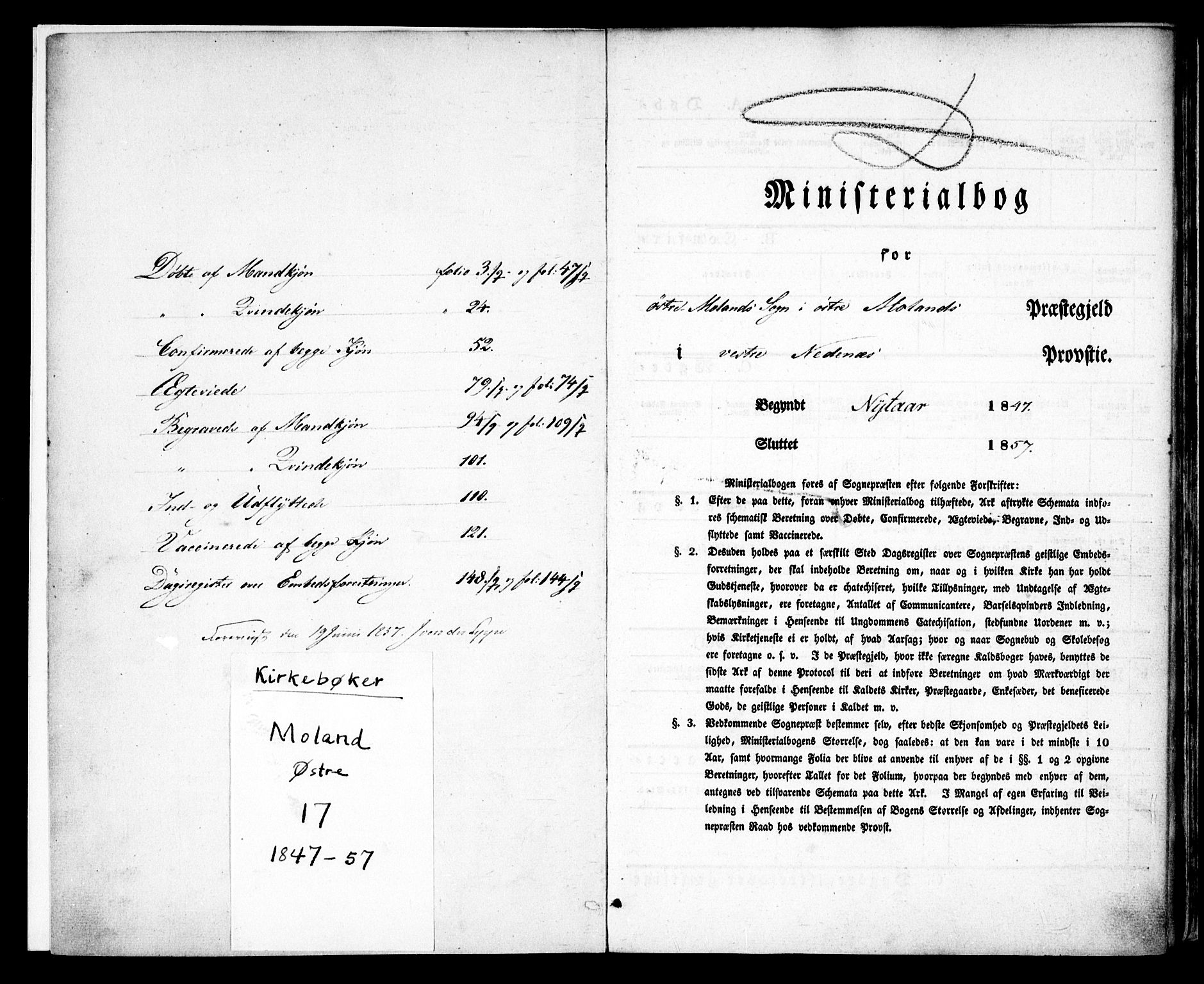 Austre Moland sokneprestkontor, SAK/1111-0001/F/Fa/Faa/L0007: Parish register (official) no. A 7, 1847-1857