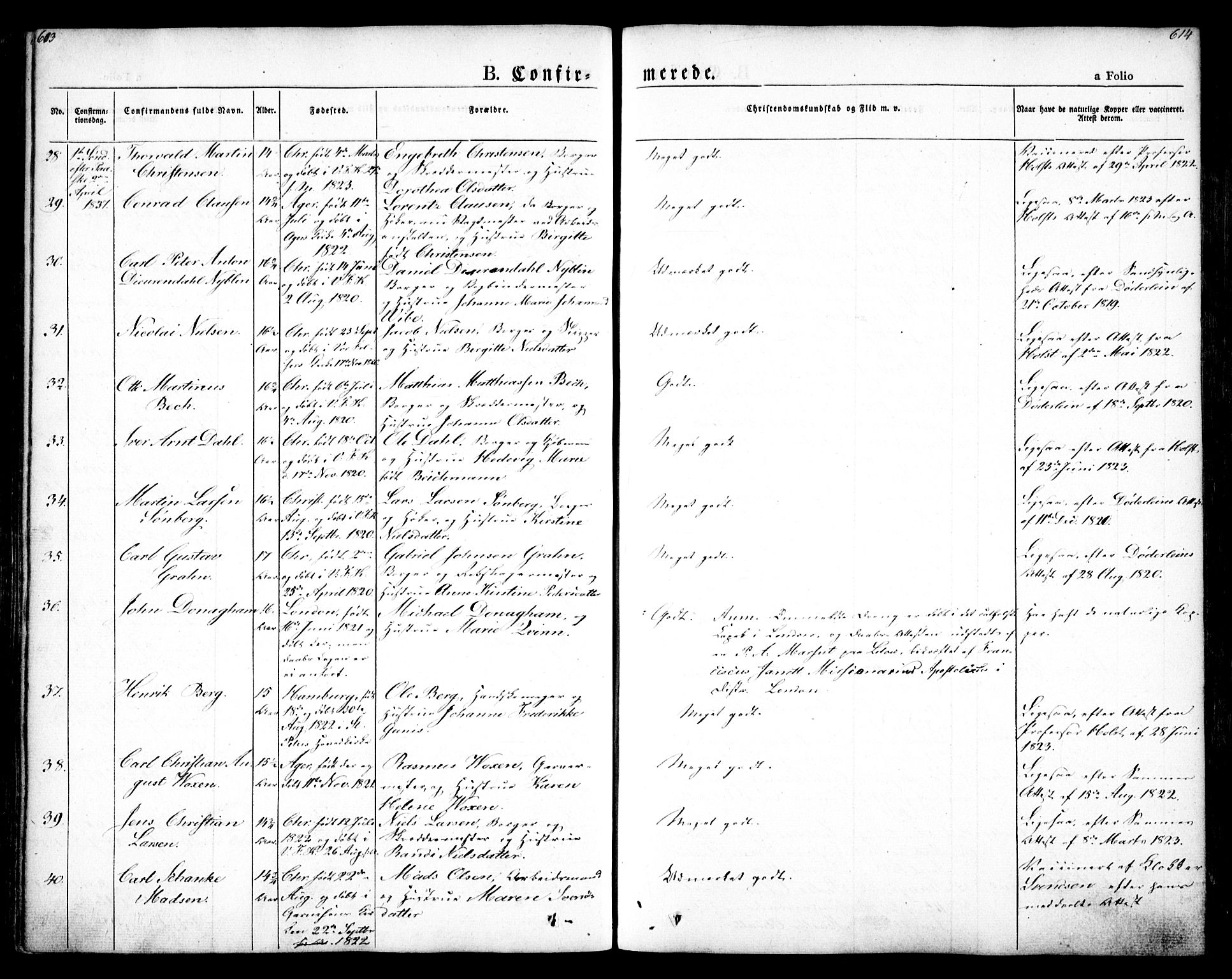 Oslo domkirke Kirkebøker, AV/SAO-A-10752/F/Fa/L0012: Parish register (official) no. 12, 1837-1845, p. 613-614