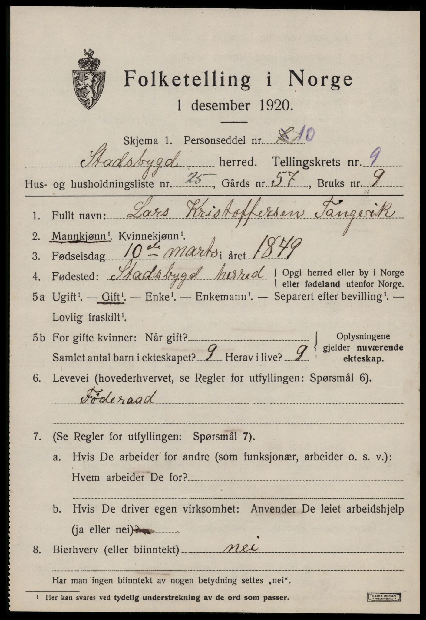 SAT, 1920 census for Stadsbygd, 1920, p. 4554