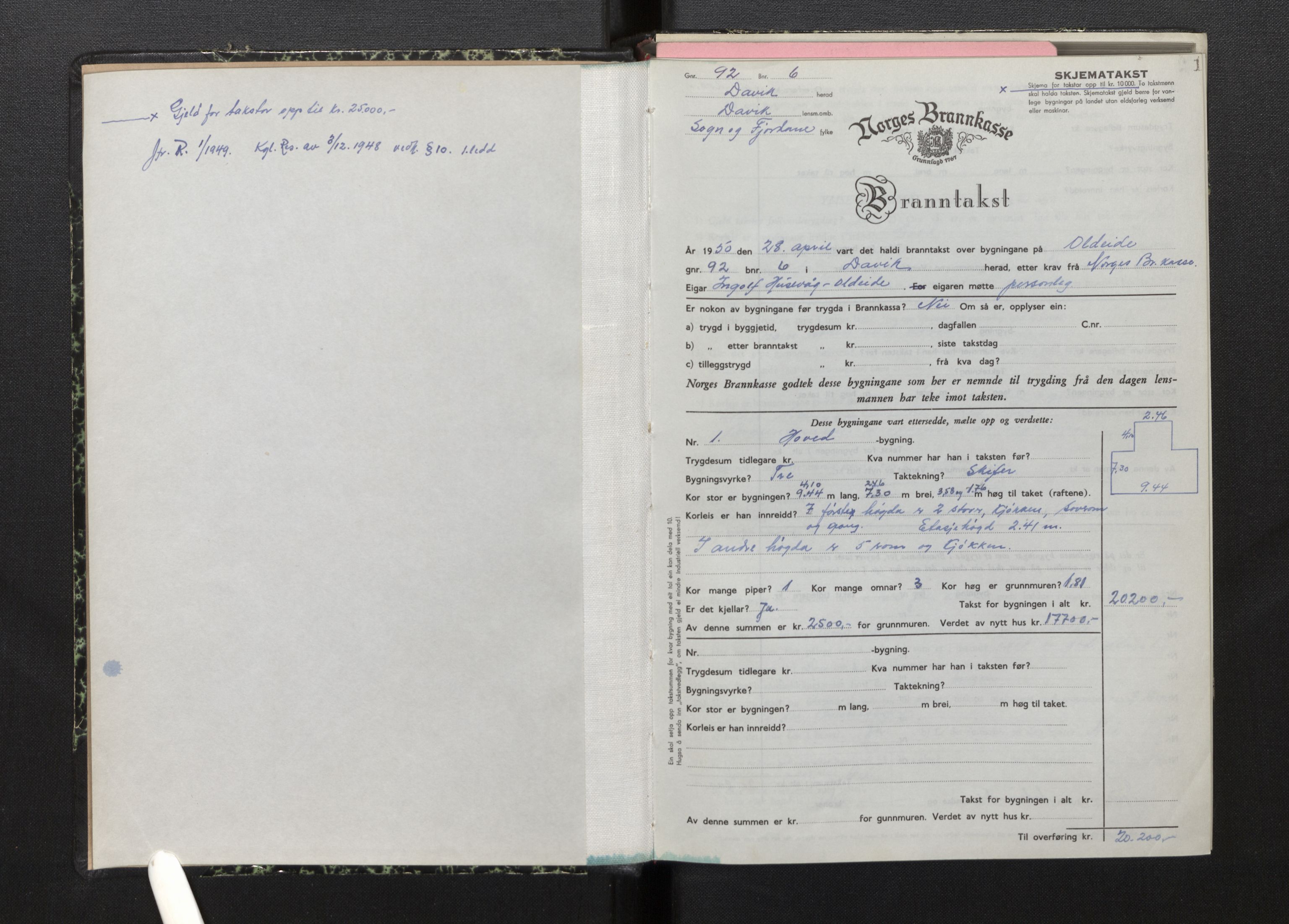 Lensmannen i Davik, SAB/A-26801/0012/L0005: Branntakstprotokoll, skjematakst, 1950-1953, p. 1