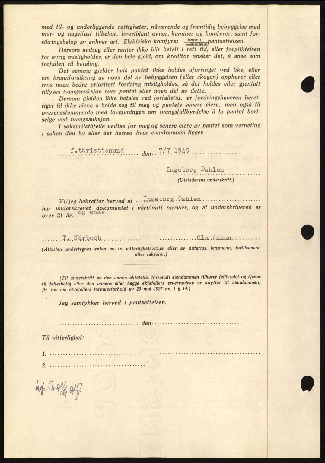 Nordmøre sorenskriveri, AV/SAT-A-4132/1/2/2Ca: Mortgage book no. B92, 1944-1945, Diary no: : 908/1945