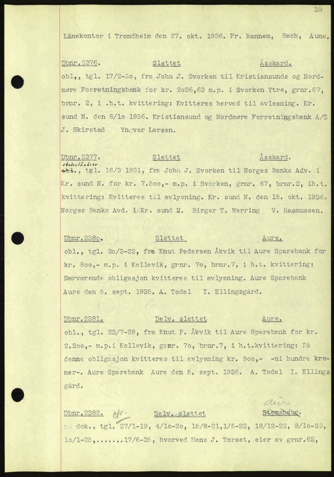 Nordmøre sorenskriveri, AV/SAT-A-4132/1/2/2Ca: Mortgage book no. C80, 1936-1939, Diary no: : 2376/1936