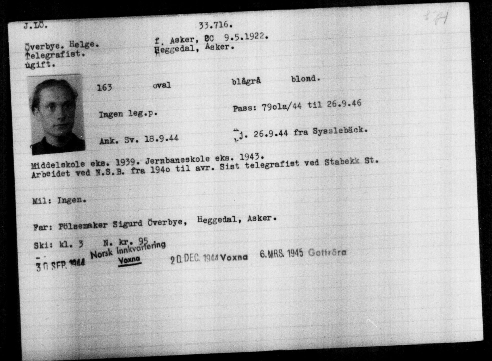 Utenriksstasjonene, Legasjonen i Stockholm, Flyktningkontoret, AV/RA-S-6753/V/Va/L0013: Kjesäterkartoteket, flyktninger med registreringsnr. 31500-34731, 1940-1945, p. 2337